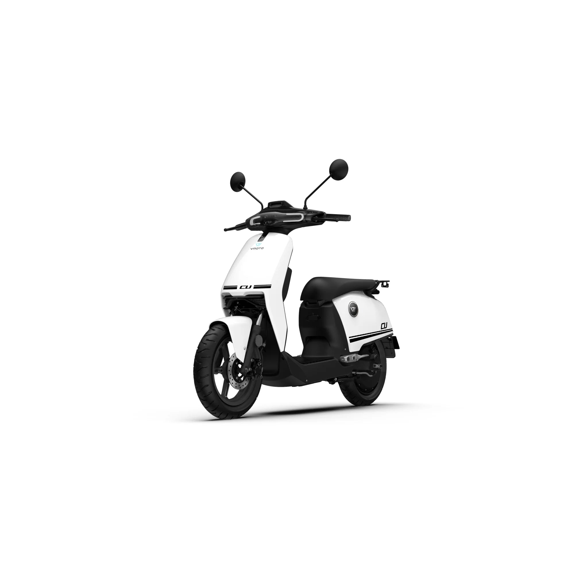 Der VMOTO CU 72V E-Roller (45 km/h) überzeugt mit weißem, minimalistischem Design, schwarzen Akzenten, zwei Rückspiegeln und herausnehmbarem Akku - ideal für den Stadtverkehr.
