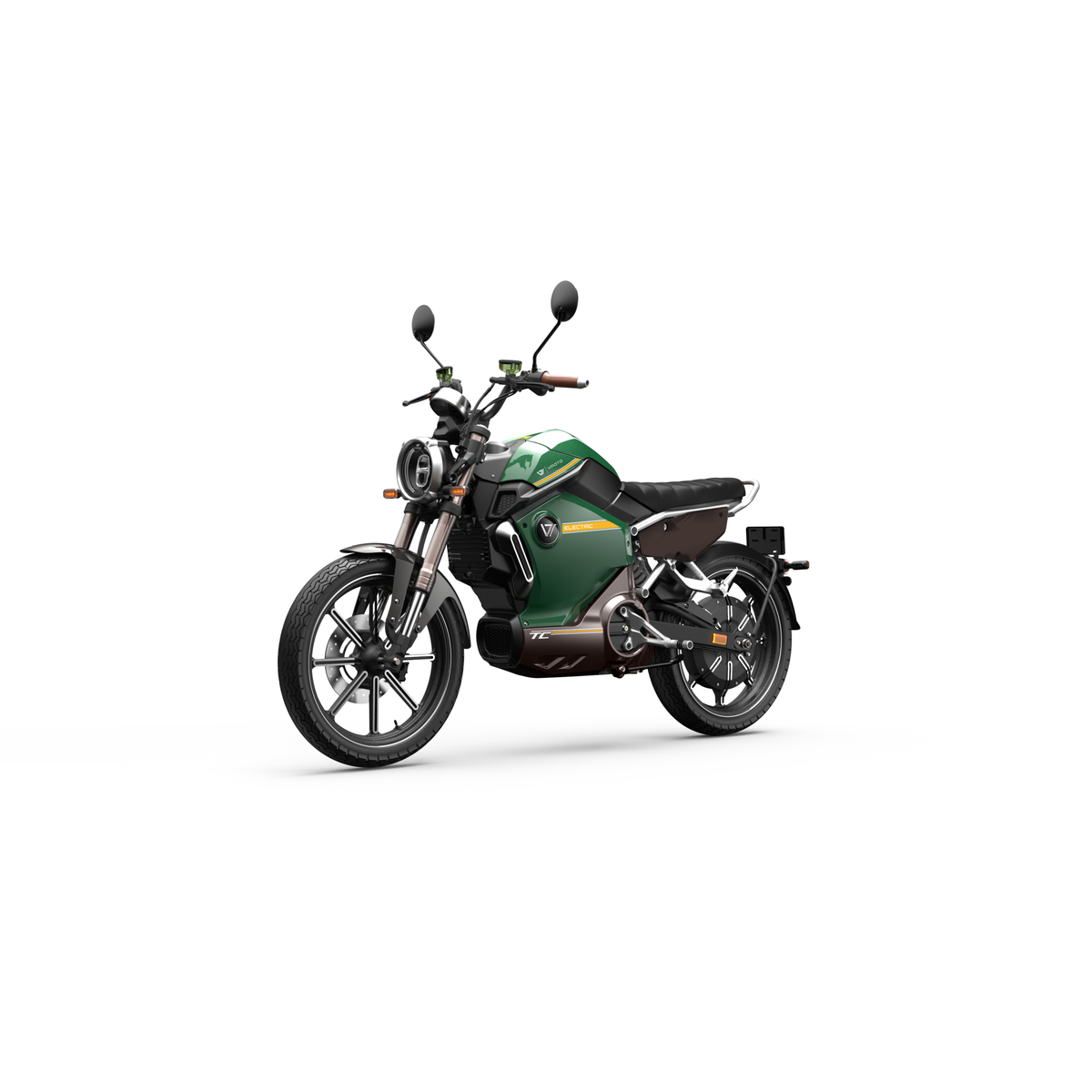 Der VMOTO TC 72V Elektroroller im Café-Racer-Design von VMOTO, abgebildet in grün und schwarz mit modernem Styling, rundem Scheinwerfer, schwarzem Sitz und herausnehmbarem Akku auf weißem Hintergrund, leicht nach links geneigt.