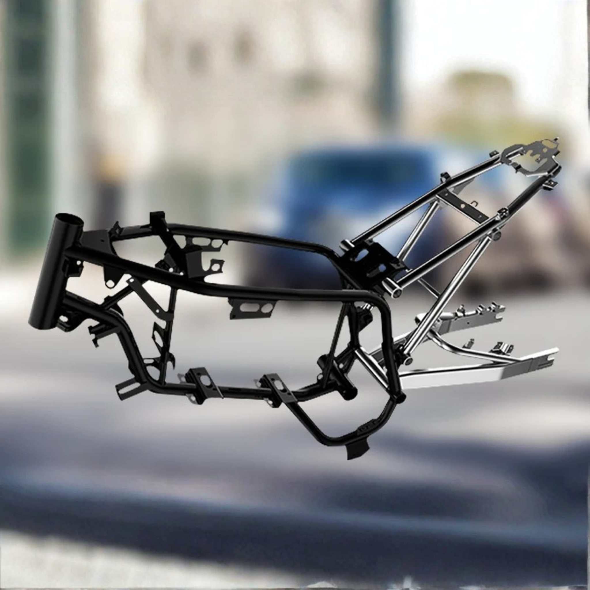 Eine Nahaufnahme des VMOTO TC 72V von VMOTO, eines Elektrorollers im Motorraddesign (45 km/h), zeigt seinen schwarzen Metallrahmen ohne Räder, Sitz oder Motor vor einem unscharfen städtischen Hintergrund.