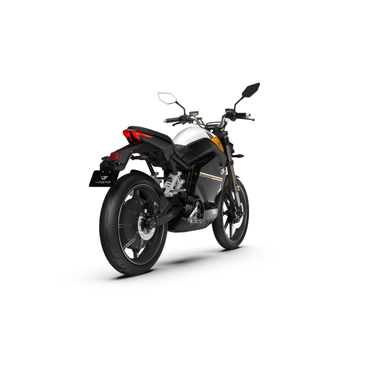 Der VMOTO TSX 72V, ein leistungsstarker 45 km/h E-Scooter im modernen Motorrad-Design, wird von hinten links gezeigt. Er verfügt über sportliche Reifen, Seitenspiegel, ein kantiges Rücklicht und eine schlichte schwarze Optik - alles auf weißem Hintergrund.