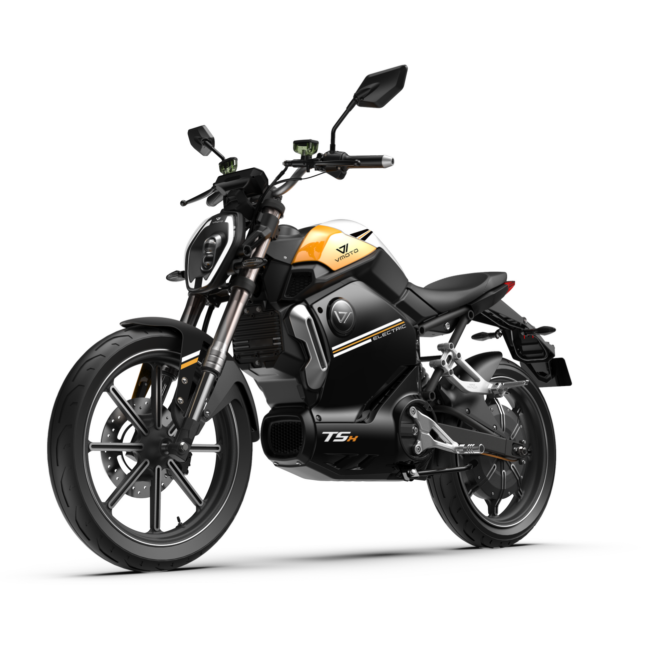 Der VMOTO TSX 72V ist ein leistungsstarker schwarz-gelber Elektroroller im schnittigen Motorrad-Design von VMOTO, mit schwarzen Rädern, eckigen Spiegeln, abnehmbarem Seitenständer und beeindruckender 72V-Leistung - dargestellt auf weißem Hintergrund.