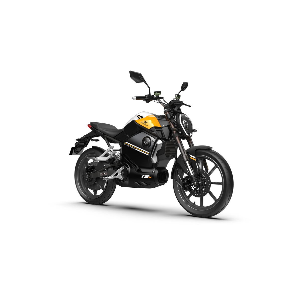 Der VMOTO TSX 72V ist ein leistungsstarker, schwarz-gelber 45 km/h schneller Elektroroller im sportlichen Motorrad-Design mit schnittiger Karosserie, kantigen Spiegeln, Leichtmetallrädern und seitlichem TSx-Branding auf weißem Grund.