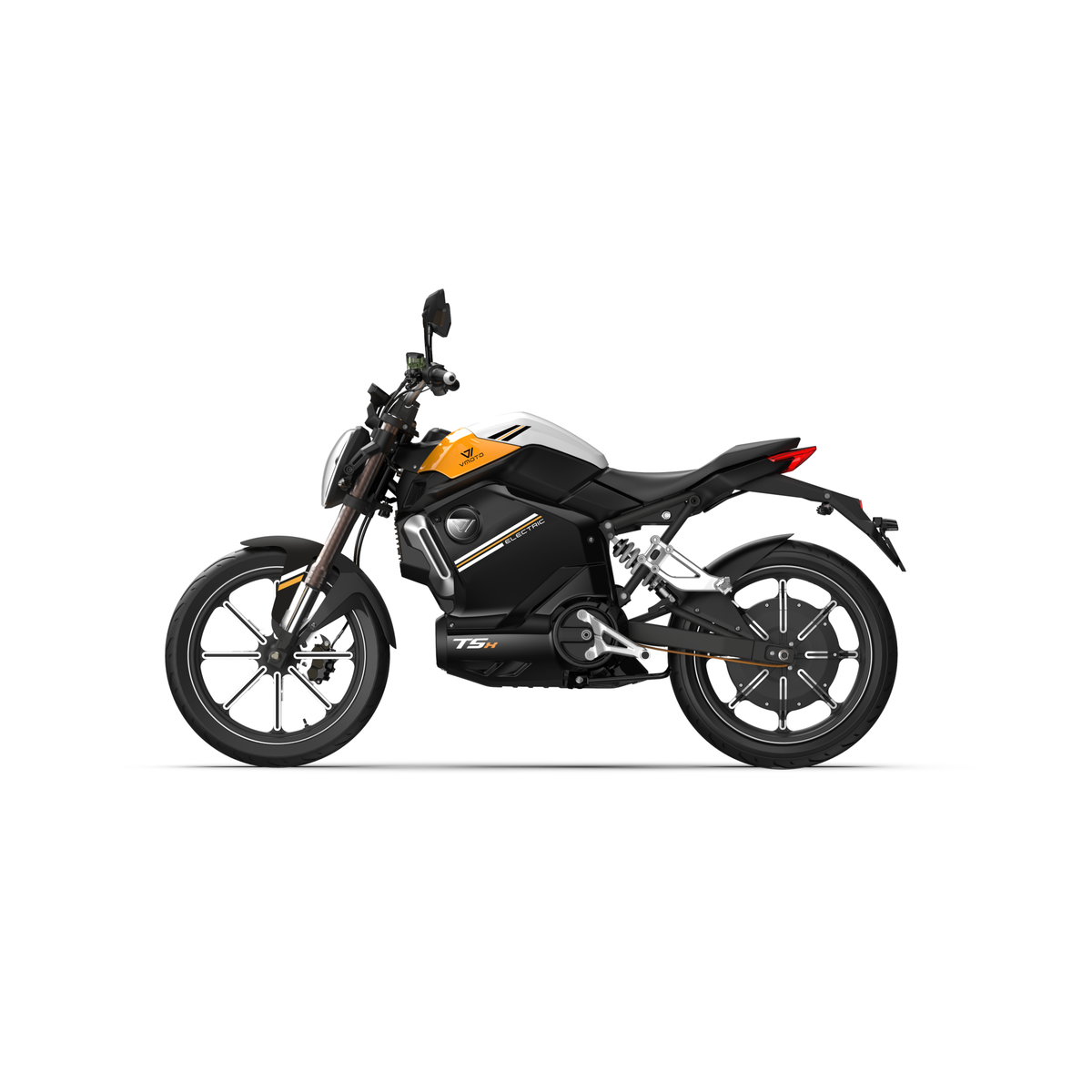 Der VMOTO TSX 72V, ein leistungsstarker 45 km/h schneller Elektroroller im schnittigen Motorrad-Design, zeigt sich im schwarz-orangen Profil auf weißem Grund mit sichtbarer Federung, Scheibenbremsen und kantigen Karosserieteilen.