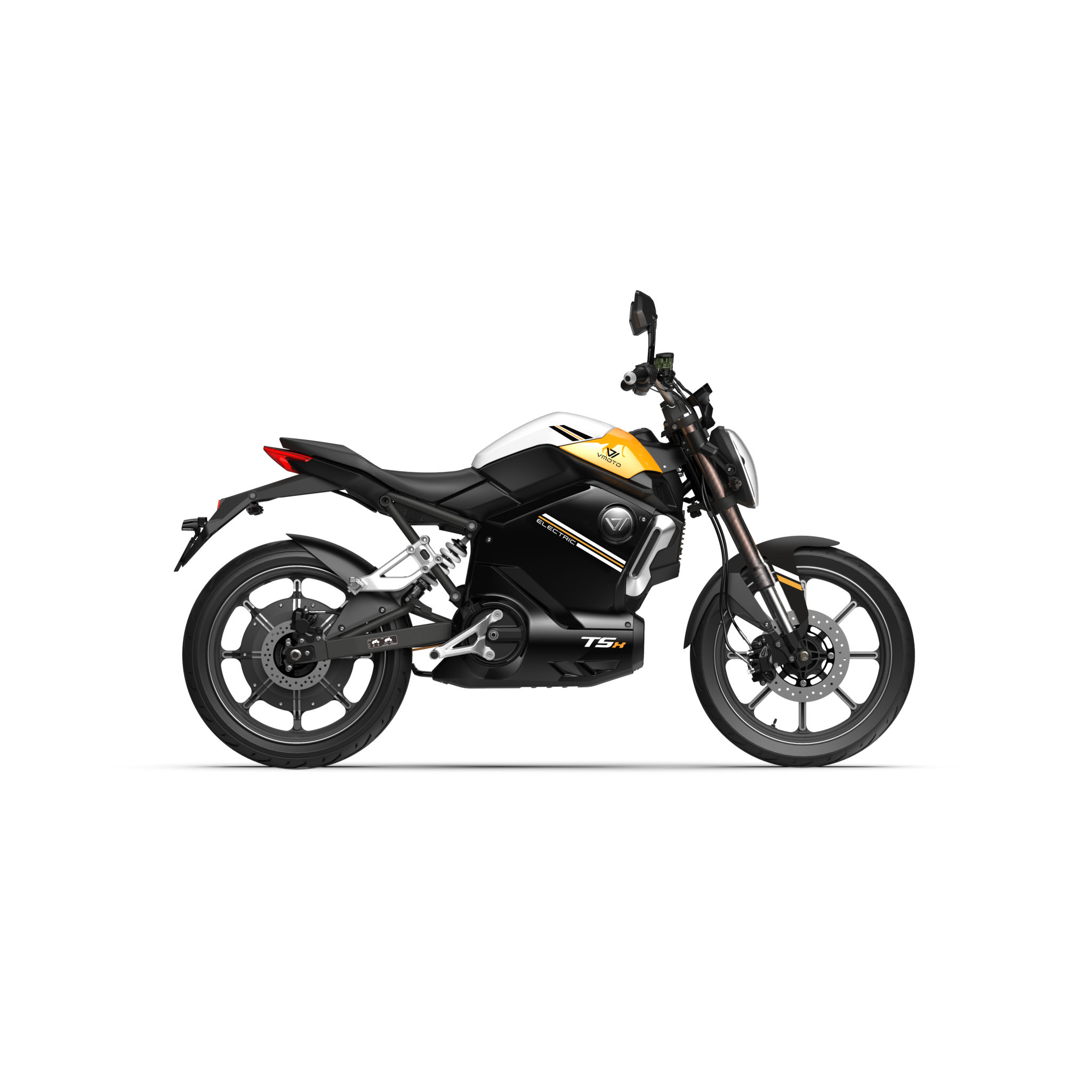 Der VMOTO TSX 72V, ein schwarz-gelber Elektroroller im sportlichen Motorrad-Design, wird im Seitenprofil auf weißem Hintergrund gezeigt. Dieser leistungsstarke 45 km/h Elektroroller ist von der Marke VMOTO.