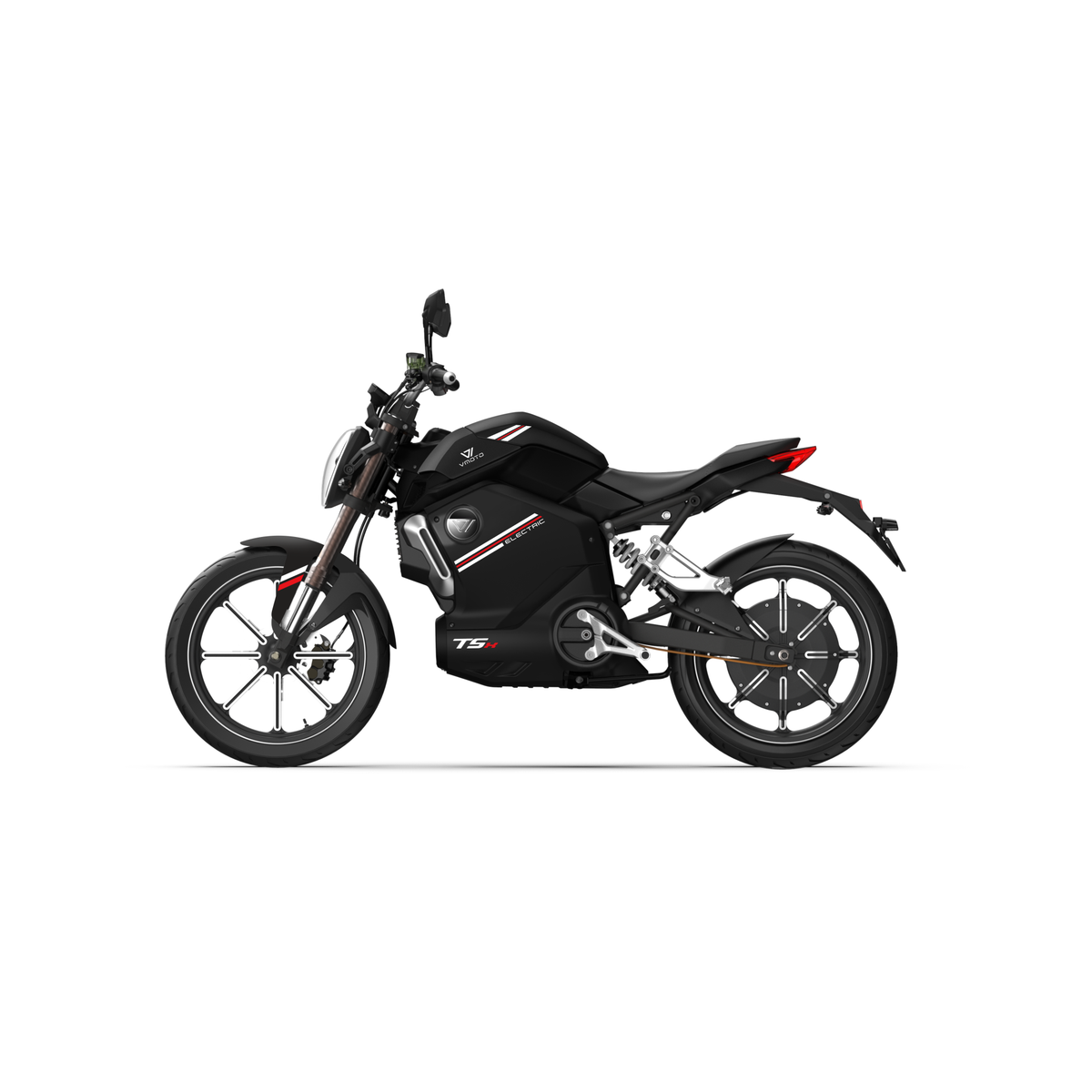 Der VMOTO TSX 72V Elektroroller von VMOTO ist in der Seitenansicht auf weißem Hintergrund abgebildet. Dieser schwarze, sportliche 45 km/h E-Roller zeichnet sich durch Motorrad-Design, moderne Optik, Einzelsitz und markante Räder mit Scheibenbremsen aus.