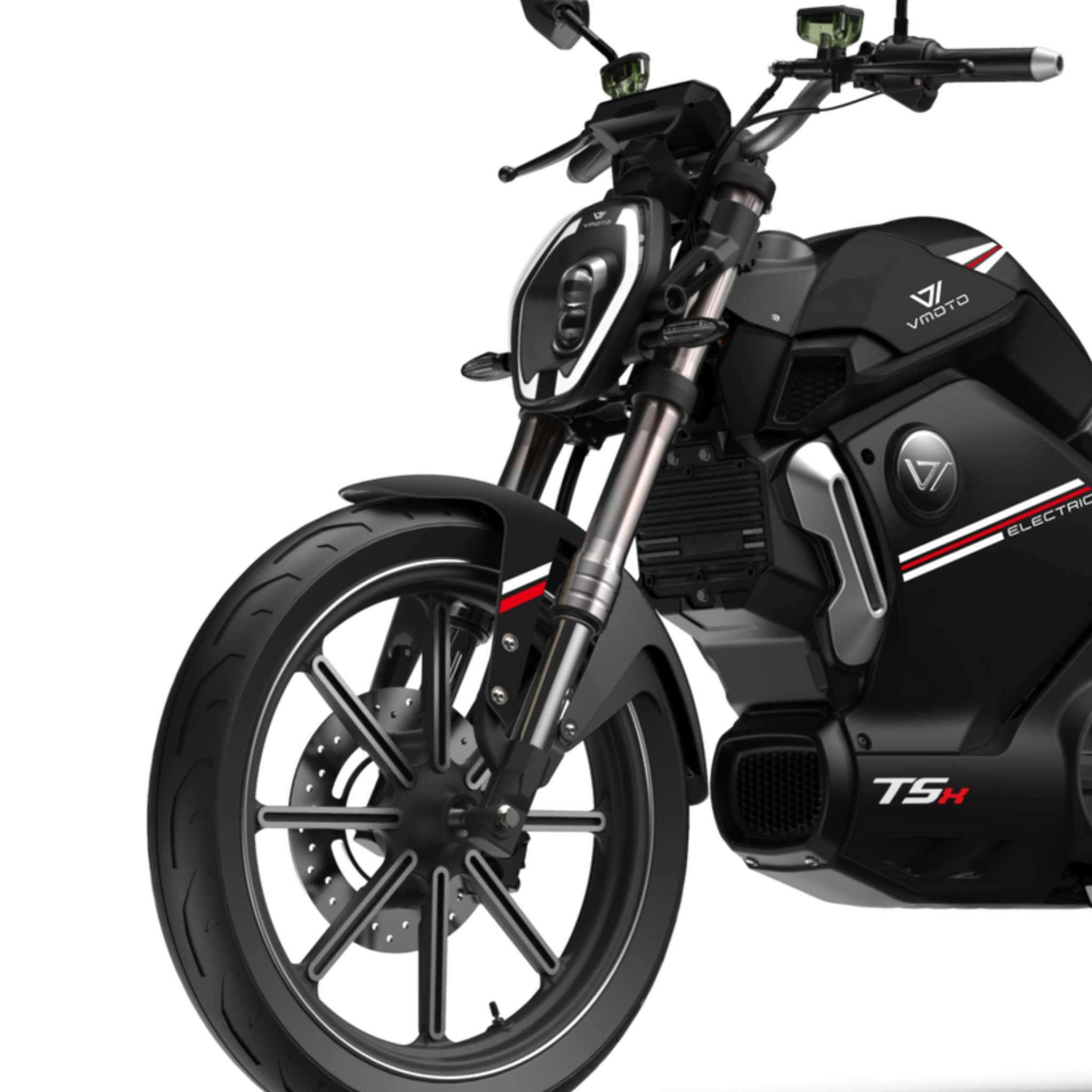 Nahaufnahme des VMOTO TSX 72V Elektrorollers in schwarz mit silbernen und roten Akzenten, mit Motorrad-Design Elementen, Scheinwerfer, Lenker, Vorderradgabel und Karosseriebranding von VMOTO.