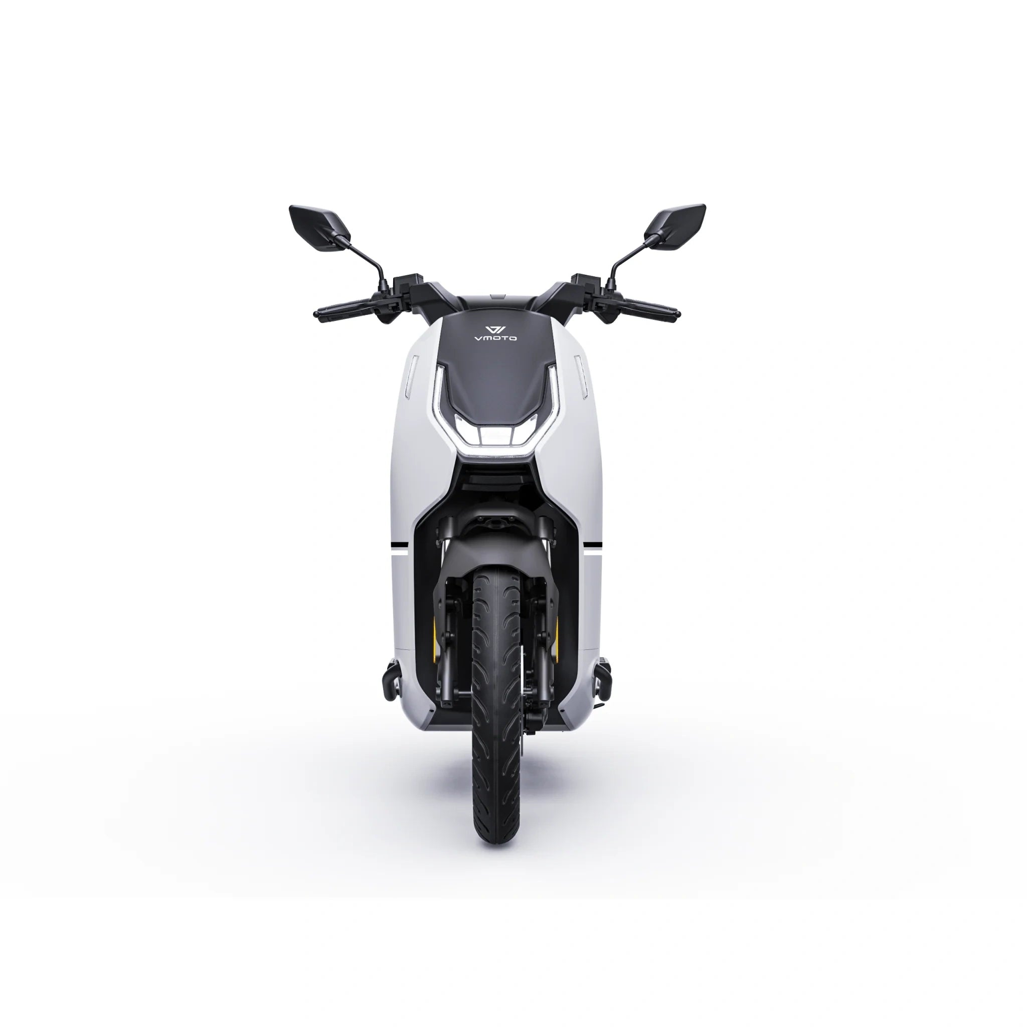 Weißer VMoto CITI Elektroroller, Frontansicht mit LED-Tagfahrlicht – 74V/2×30Ah, 45 km/h (L1e). SONS OF ELECTRICITY, Dortmund, Deutschland.