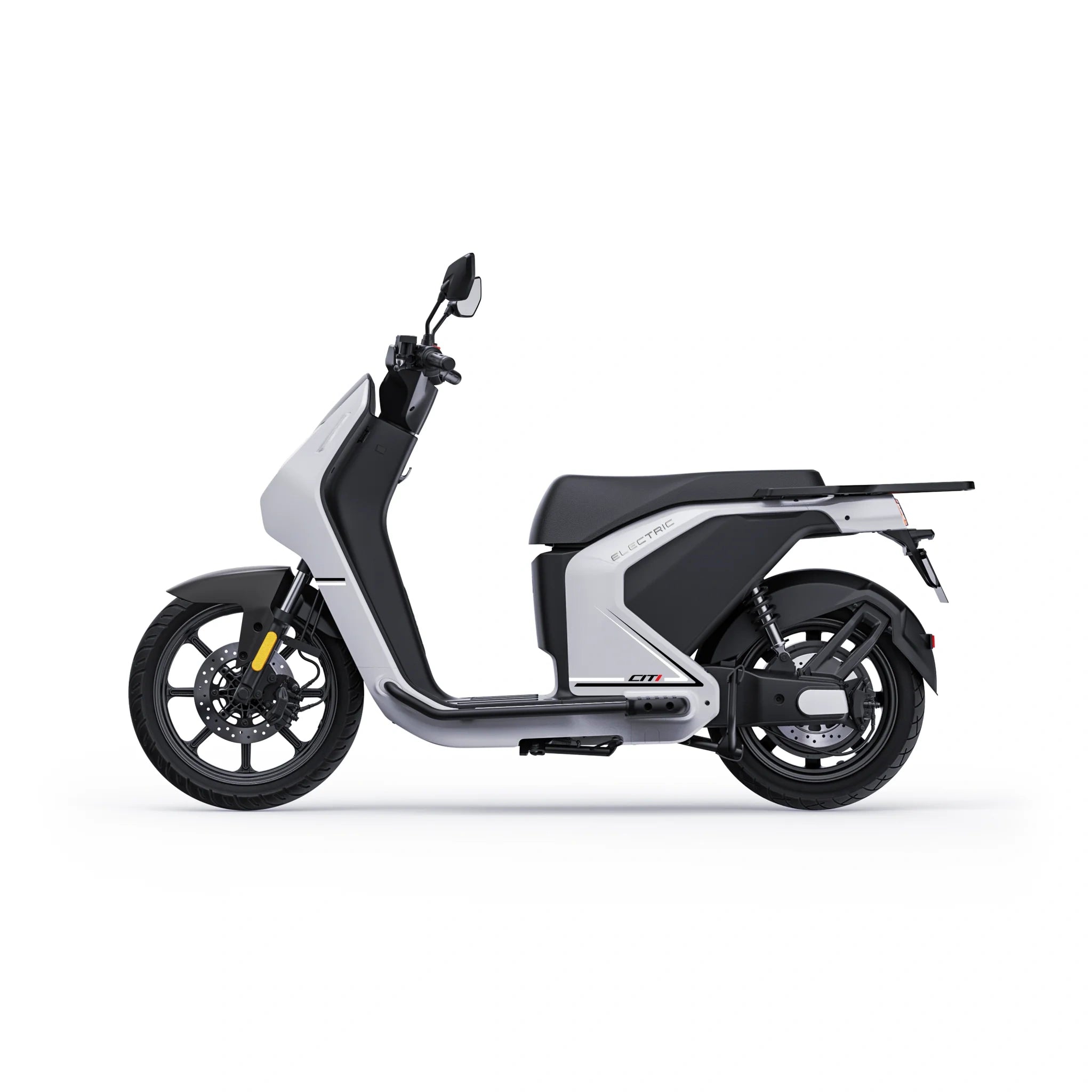 Weißer VMoto CITI E-Roller, Seitenansicht von links – 74V/2×30Ah, 45 km/h (L1e). Erhältlich bei SONS OF ELECTRICITY in Dortmund, Deutschland.