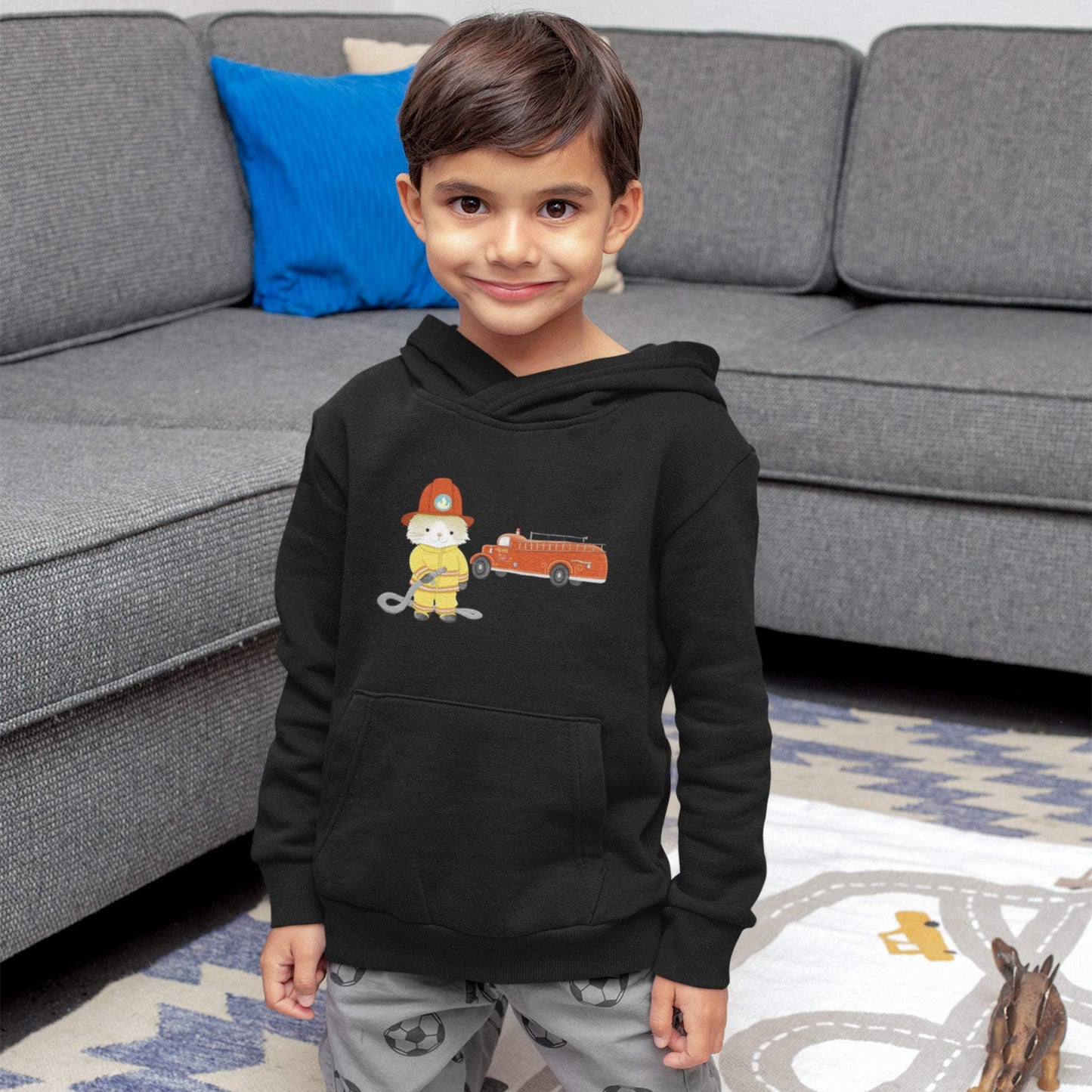 Öko-Kapuzenpullover Hoodie für Kinder mit Feuerwehr Katze