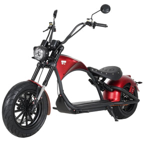 Wir stellen vor: den Mangosteen M1P Citycoco E-Chopper | 30-Ah-Akku, 45 km/h | MODELL 26 von Mangosteen: ein auffälliger rot-schwarzer E-Chopper im Retro-Design mit breiten Reifen, einem runden Scheinwerfer, Spiegeln und einem niedrigen, gepolsterten Sitz. Angetrieben von einem robusten 2000-Watt-Elektromotor und ausgestattet mit einem zuverlässigen 30-Ah-Lithium-Ionen-Akku für lang anhaltende Leistung.