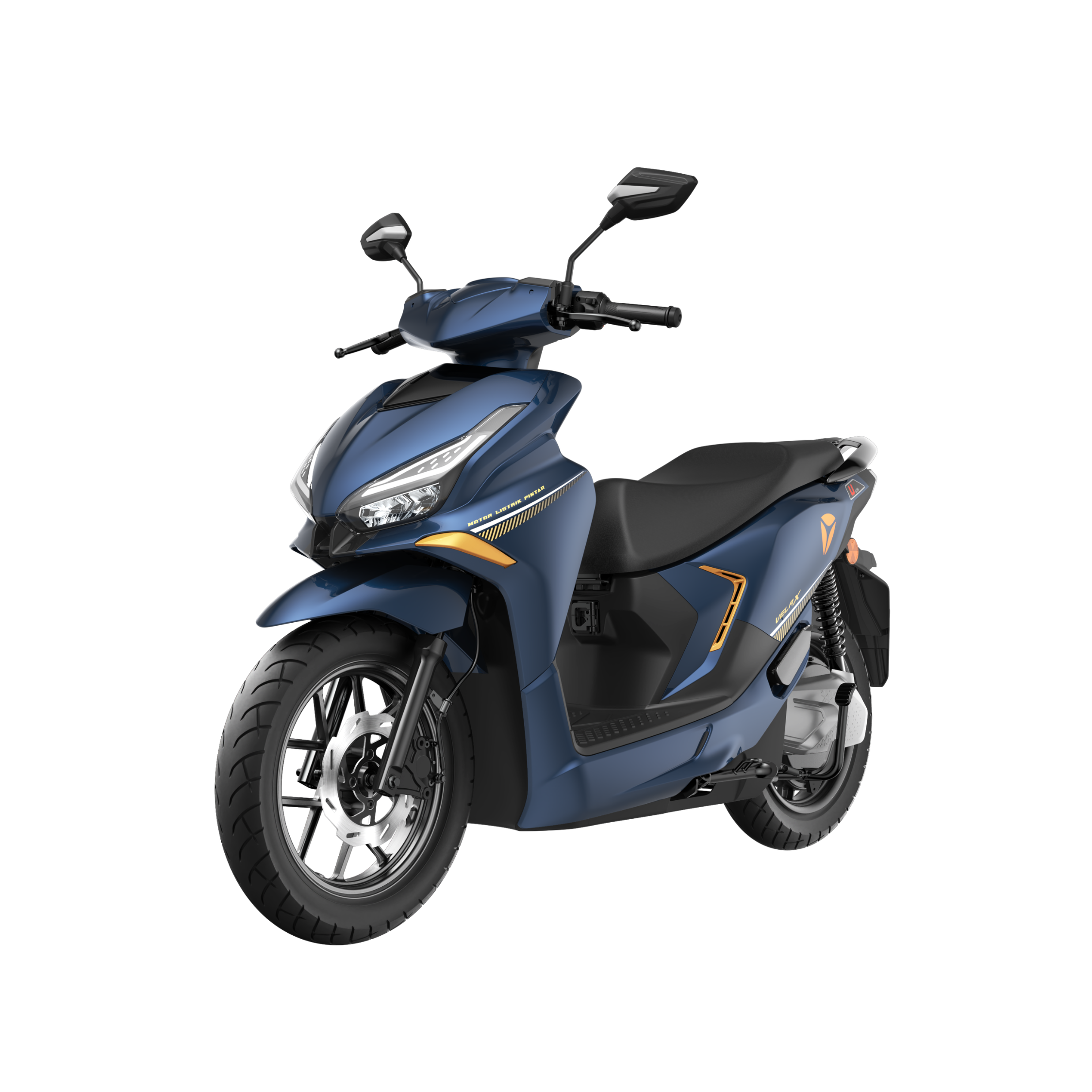 Ein moderner blauer Yadea Velax H 3000W E-Roller mit einer Höchstgeschwindigkeit von 45 km/h und schwarzen sowie orangefarbenen Akzenten, ausgestattet mit robusten 14-Zoll-Rädern, ist aus einem vorderen Seitenwinkel auf einem weißen Hintergrund abgebildet.