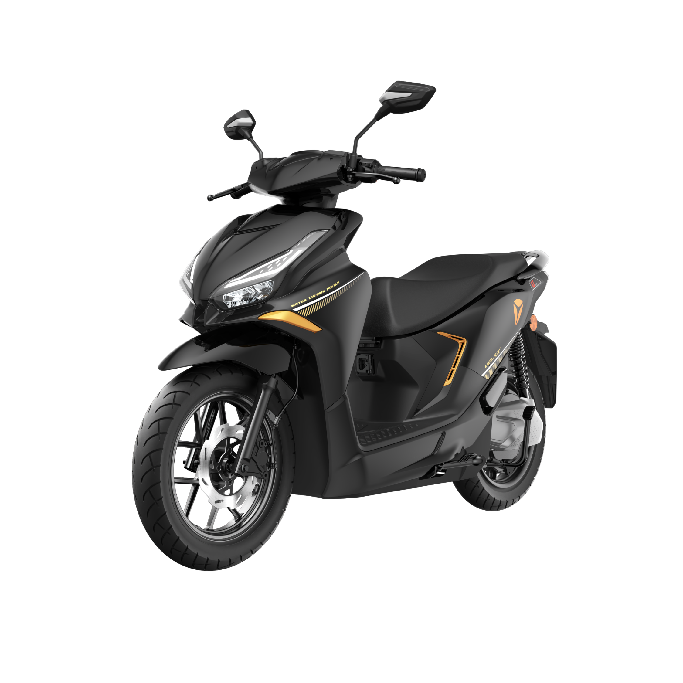 Ein moderner schwarzer Yadea Velax H 3000W E-Roller mit orangefarbenen Akzenten und 14-Zoll-Rädern ist aus einem vorderen Blickwinkel zu sehen und vor einem weißen Hintergrund isoliert dargestellt.