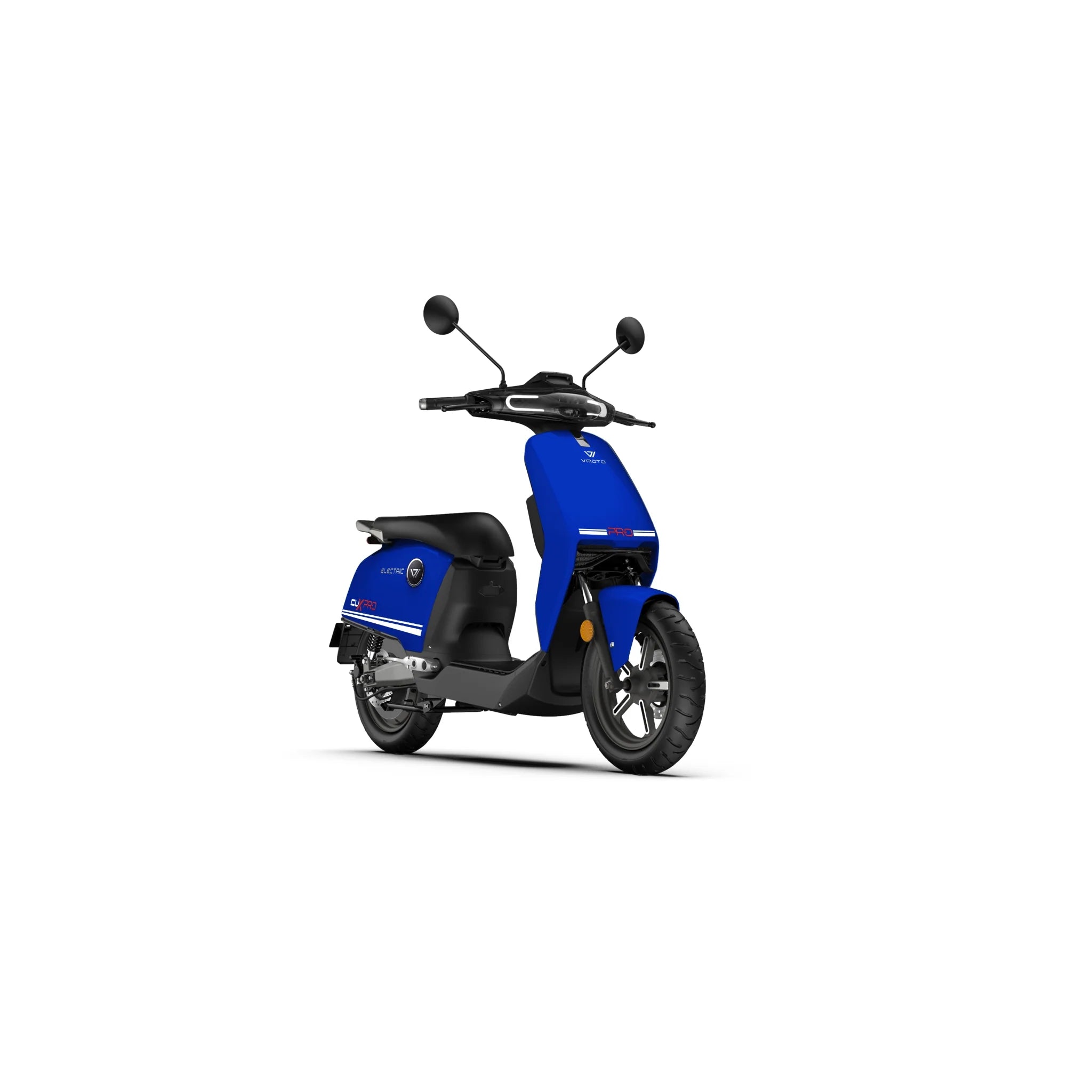 Ein blau-schwarzer SUPER SOCO CUX Pro E-Scooter von Super Soco mit modernem Design ist auf weißem Hintergrund abgebildet und leicht nach rechts geneigt.