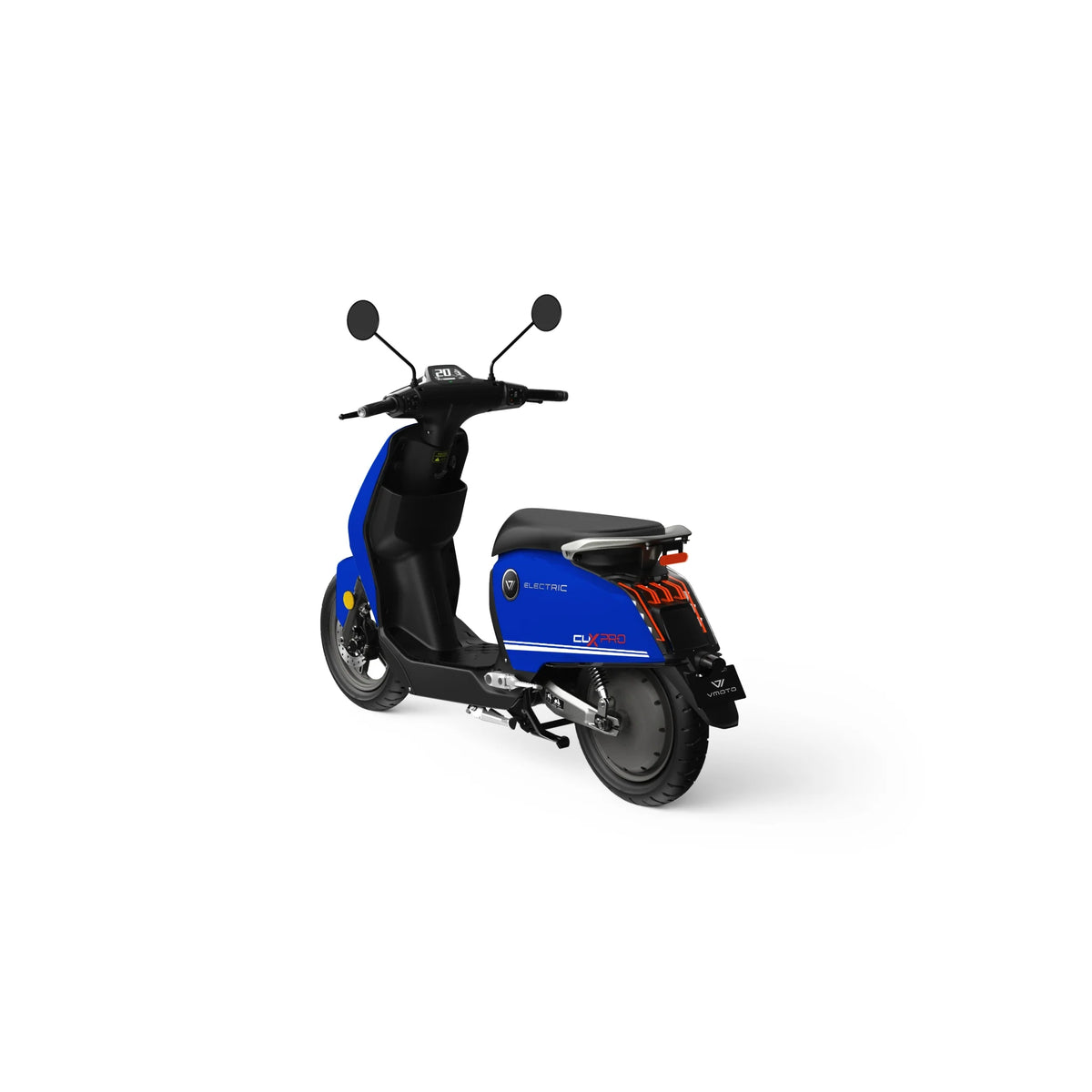 Ein blau-schwarzer Super Soco SUPER SOCO CUX Pro – Leichter 45 km/h E-Scooter & Elektroroller – ist aus einem seitlichen Blickwinkel von hinten vor weißem Hintergrund abgebildet. Dieser E-Roller mit Bosch-Antrieb verfügt über zwei Spiegel, einen kompakten Sitz und den Schriftzug „ELECTRIC“ an der Seite.