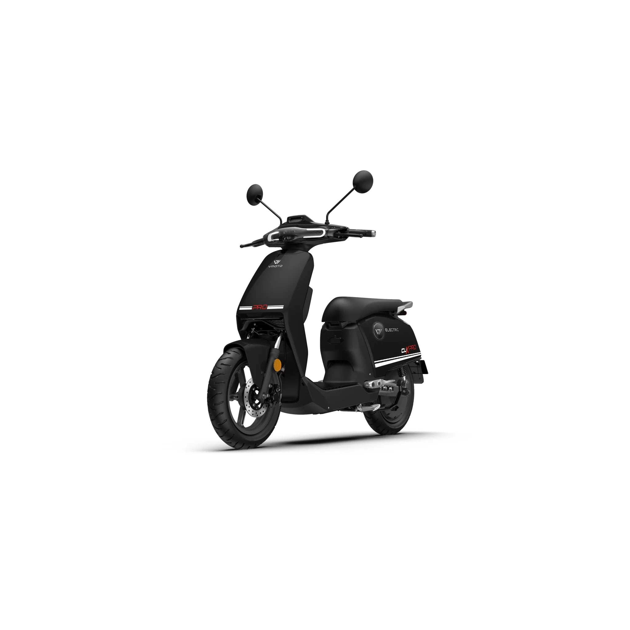 Auf weißem Hintergrund ist ein schwarzer Super Soco CUX Pro 45 km/h E-Roller mit Bosch-Antrieb abgebildet, der über Seitenspiegel, Scheinwerfer, kleine Räder, dezentes Branding und ein kompaktes, elegantes Design verfügt.