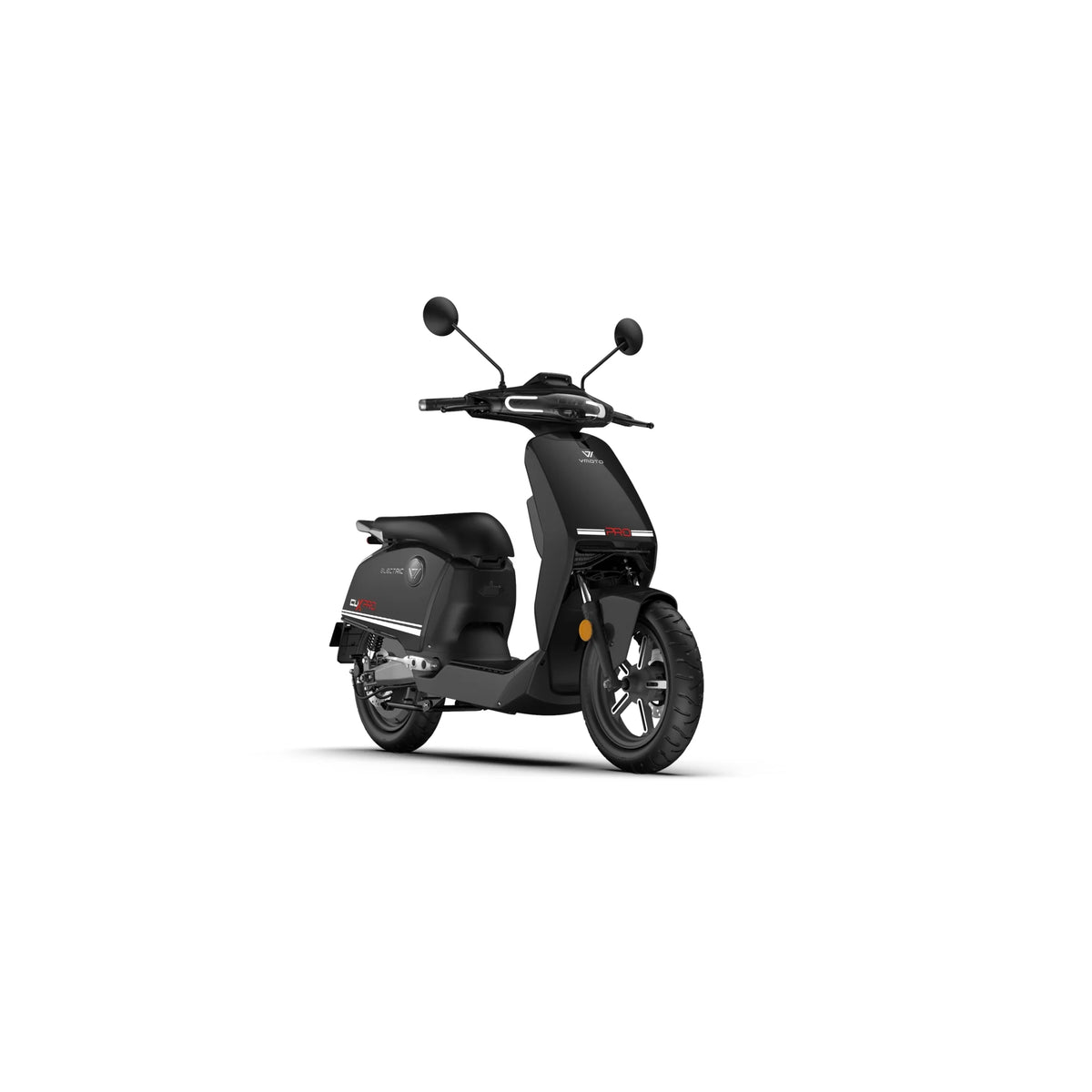 Ein schwarzer SUPER SOCO CUX Pro von VMOTO, ein leichter E-Scooter mit einer Höchstgeschwindigkeit von 45 km/h und Bosch-Antrieb, ist schräg auf weißem Hintergrund abgebildet. Das moderne Design besticht durch Spiegel, Scheinwerfer und eine schnittige Karosserie – perfekt für die Mobilität in der Stadt.