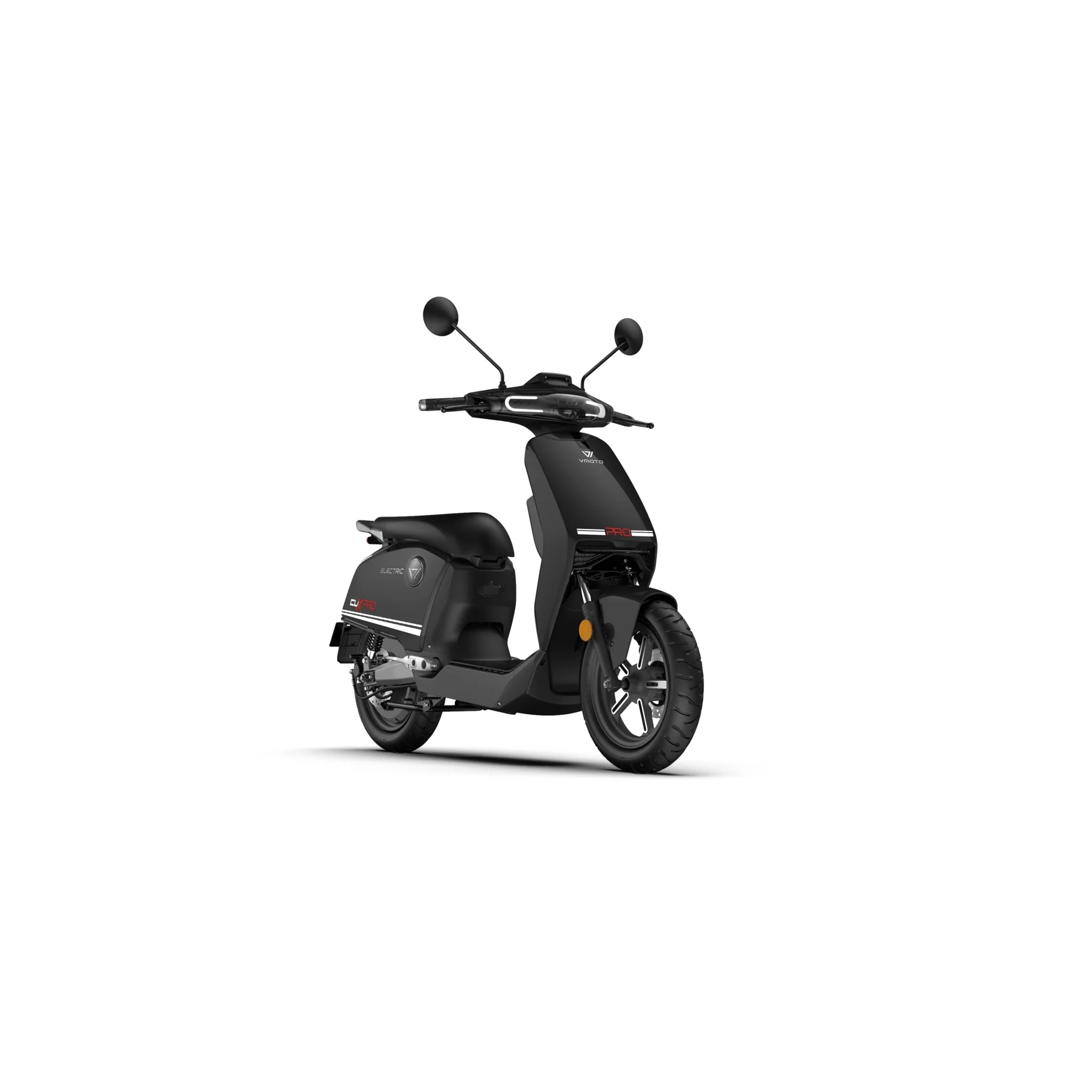 Der Super Soco CUX Pro, ein eleganter schwarzer E-Roller mit Bosch-Antrieb, Rückspiegeln und Leichtmetallfelgen, ist schräg nach rechts auf weißem Hintergrund abgebildet – ideal für moderne urbane Mobilität.