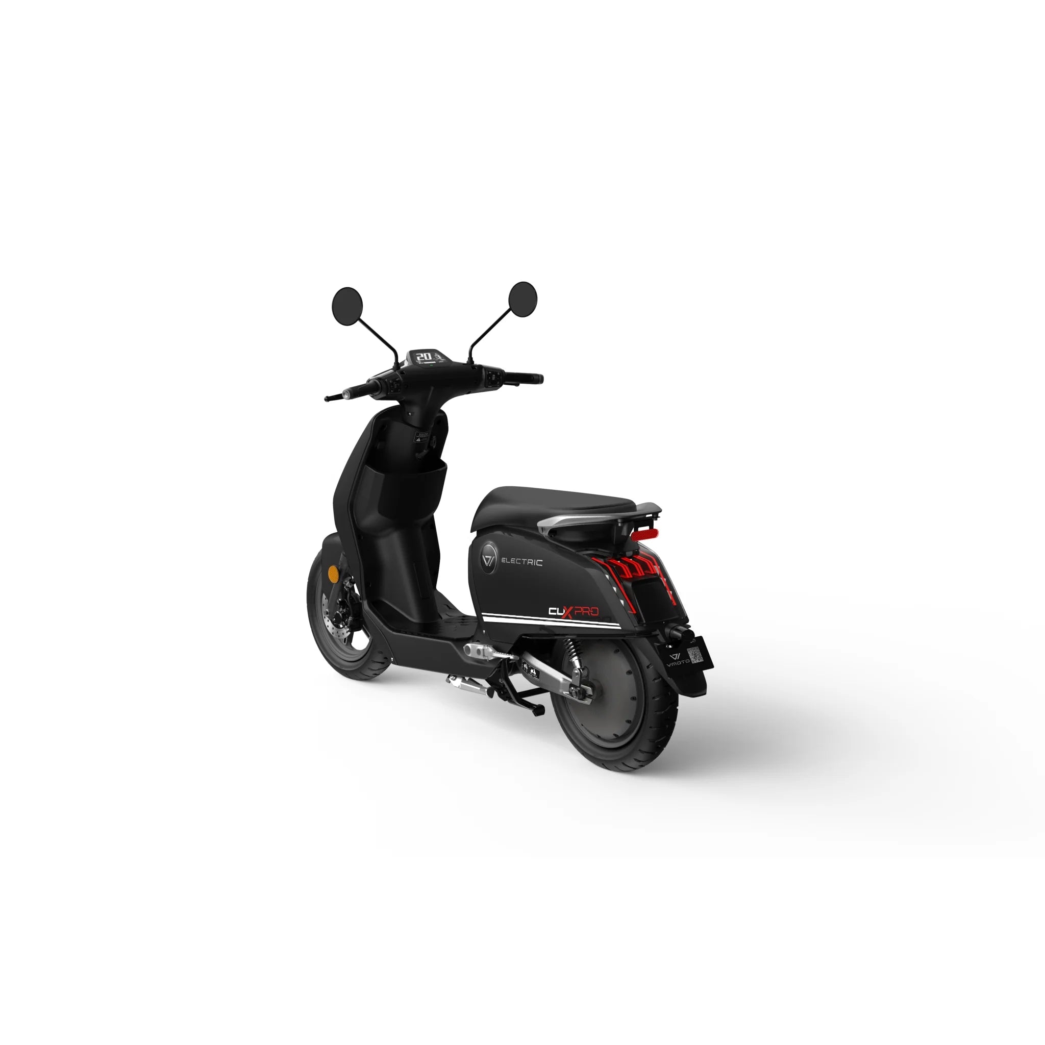 Ein eleganter, moderner schwarzer Super Soco CUX Pro Elektroroller ist von links hinten auf weißem Hintergrund abgebildet. Der für die urbane Mobilität konzipierte E-Scooter mit Bosch-Antrieb verfügt über Seitenspiegel, Rückleuchten und trägt den Markennamen Super Soco.