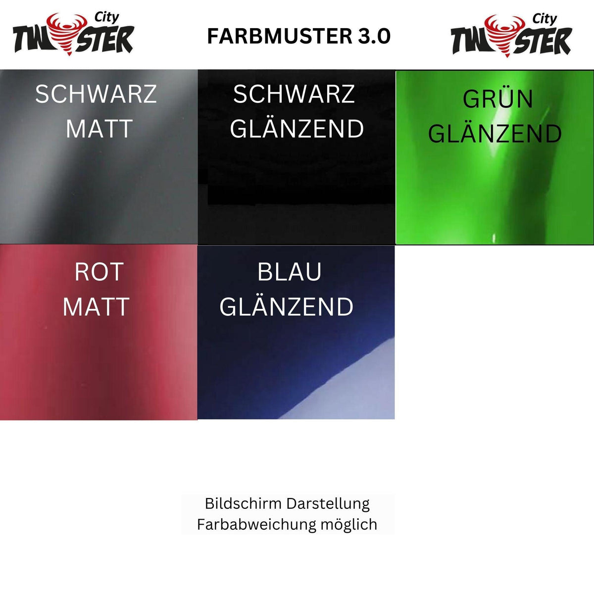 Eine Tabelle zeigt fünf Farbvarianten für den City Twister E-Chopper: CityTwister 3.0 25 oder 45 km/h – Das Original! – mit neuem TFT-Multimedia-Spiegel-Display, darunter Mattschwarz, Glanzschwarz, Glanzgrün, Mattrot und Glanzblau. Ein Hinweis weist darauf hin, dass die tatsächlichen Farben von den auf Ihrem Bildschirm angezeigten Farben abweichen können.