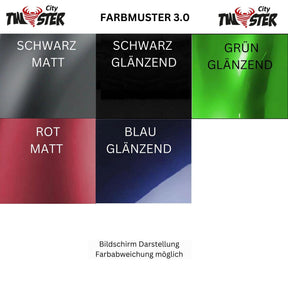 Eine Tabelle zeigt fünf Farbvarianten für den City Twister E-Chopper: CityTwister 3.0 25 oder 45 km/h – Das Original! – mit neuem TFT-Multimedia-Spiegel-Display, darunter Mattschwarz, Glanzschwarz, Glanzgrün, Mattrot und Glanzblau. Ein Hinweis weist darauf hin, dass die tatsächlichen Farben von den auf Ihrem Bildschirm angezeigten Farben abweichen können.