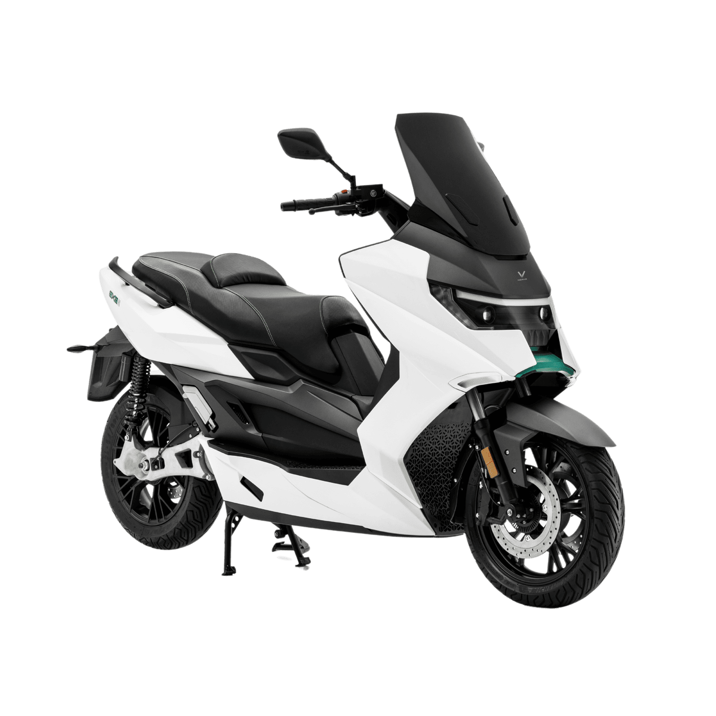 Der NERVA EXE II 2025 | B196 Elektroroller von NERVA, in modernem Weiß mit schwarzer Windschutzscheibe und Sitzbank, steht auf seinem Ständer vor hellem Hintergrund, mit scharfen Linien und einem sportlichen Look mit bis zu 170 km Eco-Reichweite.