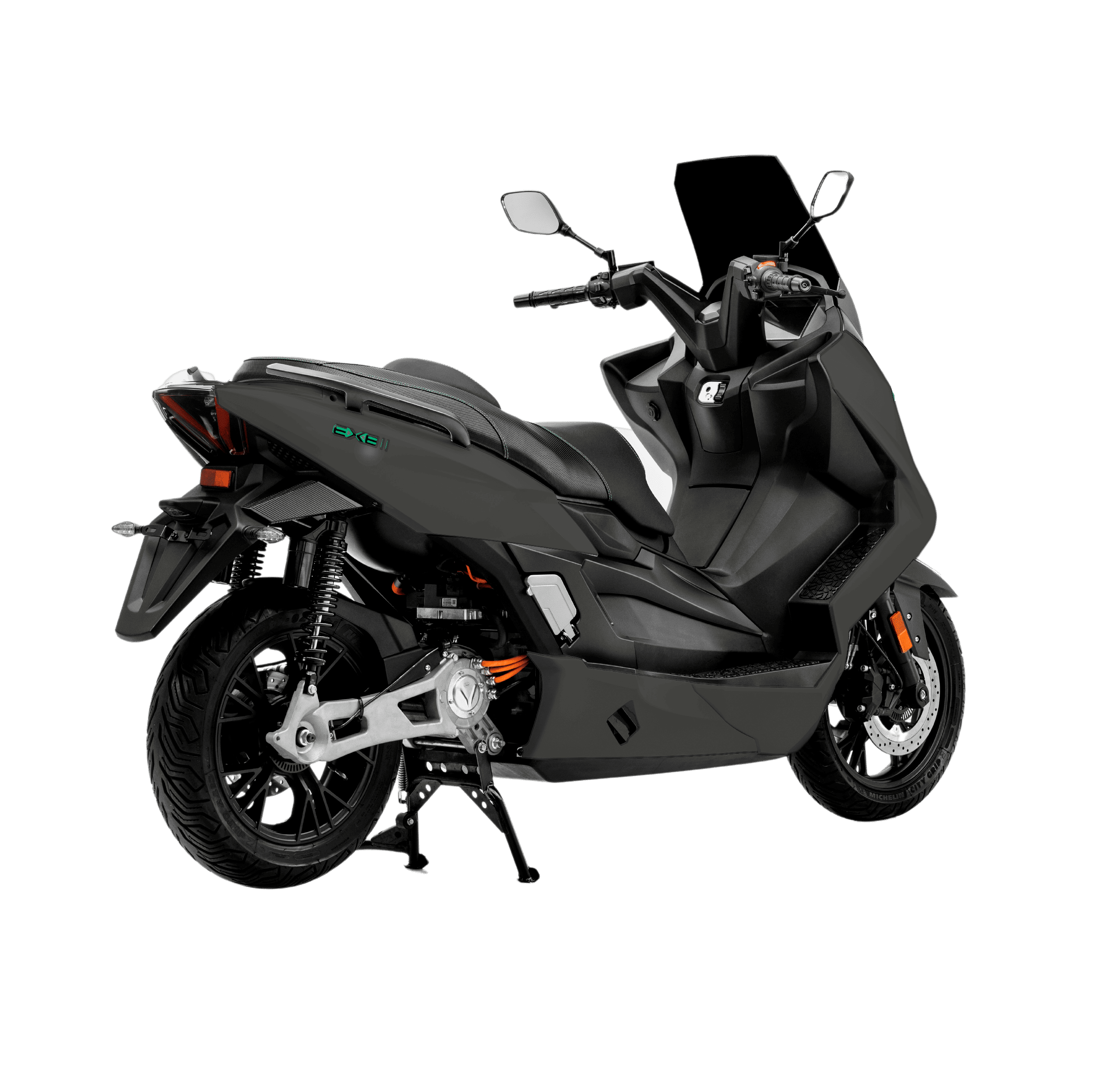 Der NERVA EXE II 2025 | B196 Elektroroller in schwarz mit Windschutzscheibe, Rückspiegeln und Seitenständer, dargestellt von hinten auf weißem Hintergrund, unterstreicht die schnittige Elektromobilität von NERVA mit bis zu 170 km Eco-Reichweite.