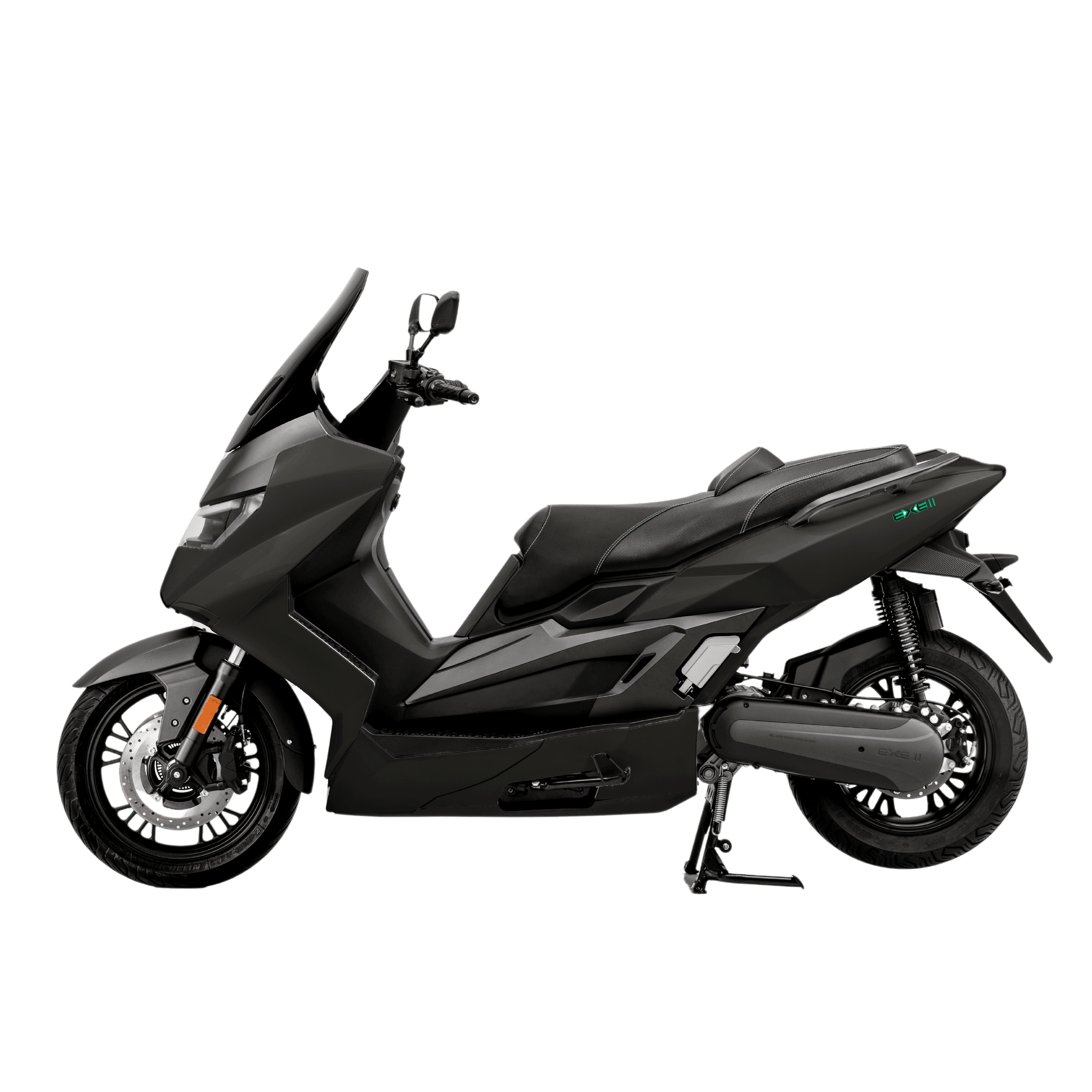 Der NERVA EXE II 2025 | B196 Elektroroller von NERVA zeigt sich im Profil, schlank und modern in schwarz mit hoher Windschutzscheibe, kantiger Karosserie und Seitenständer - ideal für bis zu 170 km umweltfreundliche Elektromobilität.