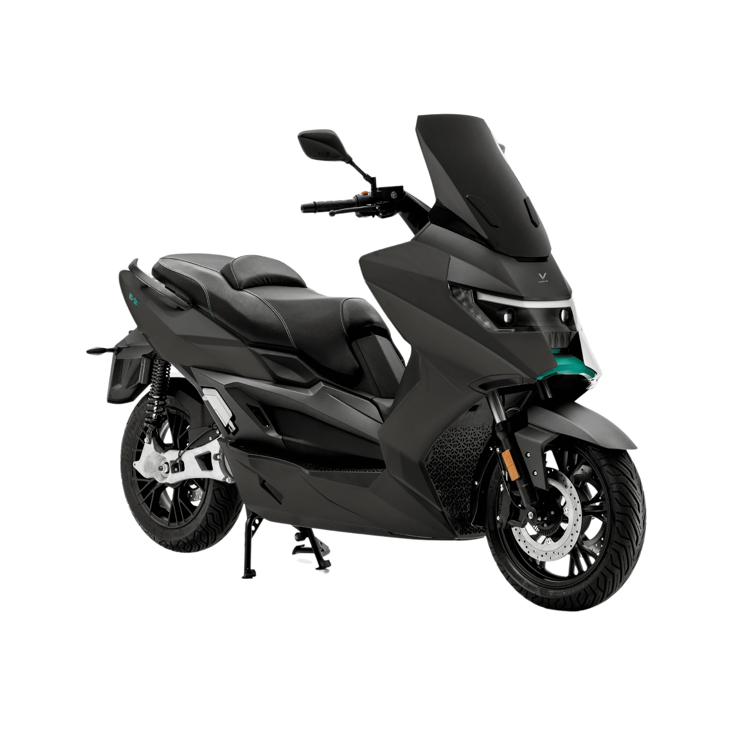 Der NERVA EXE II 2025 | B196 Elektroroller von NERVA in elegantem Schwarz mit kantigem Design, getönter Windschutzscheibe, Doppelsitzen und Leichtmetallrädern ist mit BYD Blade-Batterie-Technologie ausgestattet und wird auf einem schlichten weißen Hintergrund gezeigt. Eco-Reichweite bis zu 170 km.