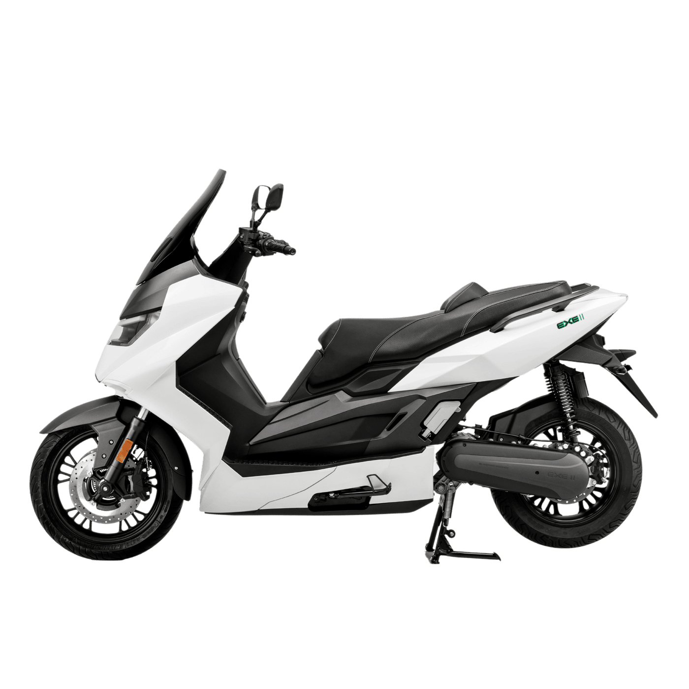 Der NERVA EXE II 2025 | B196 Elektroroller von NERVA, in schlichtem Weiß mit schwarzem Sitz und Akzenten, zeigt sich im Profil auf seinem Sockel - ein elegantes Modell mit bis zu 170 km Eco-Reichweite.