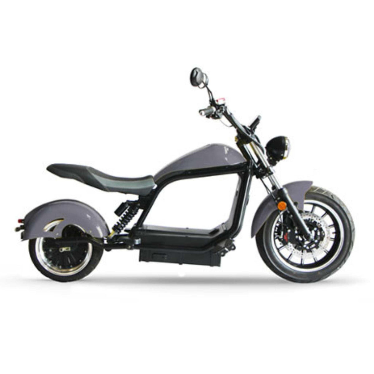 Seitenansicht des City Twister NEU - E-Choppers: CityTwister 6.0 MAX DUO, Modell 2026, mattgrau mit minimalistischem Rahmen, schwarzem Sitz, großen Rädern, 4000W Motor und Carplay Display, fotografiert vor einem schlichten weißen Hintergrund.