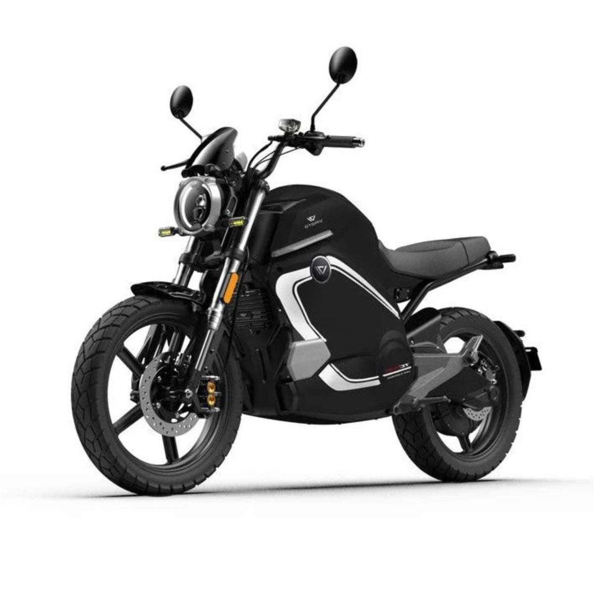 Das E-Motorrad VMOTO TC Wanderer Pro (90 km/h) besticht durch sein Retro-Design in Schwarz, den runden Scheinwerfer, zwei Rückspiegel, markante Reifen und einen leistungsstarken Lithium-Ionen-Akku – präsentiert vor weißem Hintergrund.