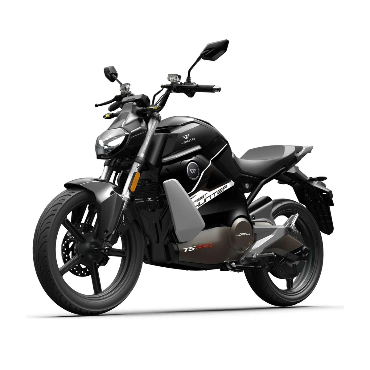 Das E-Motorrad VMOTO TS Streethunter Pro 90 km/h von VMOTO besticht durch ein elegantes, sportliches Design in Schwarz und Silber, kantige Karosserielinien und moderne Ausstattungsmerkmale – eine fortschrittliche Lösung für die Elektromobilität, dargestellt vor weißem Hintergrund.