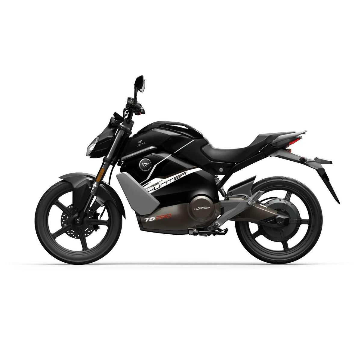 Das VMOTO TS Streethunter Pro 90 km/h E-Motorrad, ein elegantes schwarzes Elektromotorrad mit modernem Design und Vollgummireifen, ist im Seitenansicht vor weißem Hintergrund abgebildet – eine fortschrittliche Lösung für die urbane Mobilität von VMOTO.