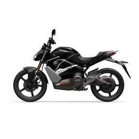 Das VMOTO TS Streethunter Pro 90 km/h E-Motorrad, ein elegantes schwarzes Elektromotorrad mit modernem Design und Vollgummireifen, ist im Seitenansicht vor weißem Hintergrund abgebildet – eine fortschrittliche Lösung für die urbane Mobilität von VMOTO.