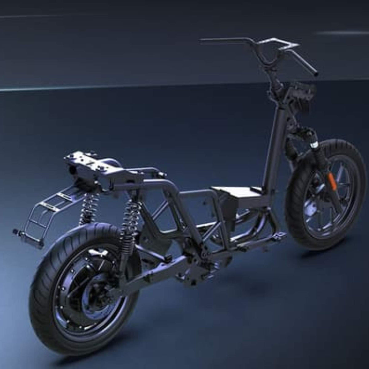 Ein komplett zerlegter NIU Elektroroller E-Scooter Motorroller FQI 500 (2025) – nur mit Rahmen, Rädern, Federung und Lenker – wird vor einem dunklen Hintergrund präsentiert und verdeutlicht damit moderne Elektromobilität mit einer Geschwindigkeit von bis zu 95 km/h.