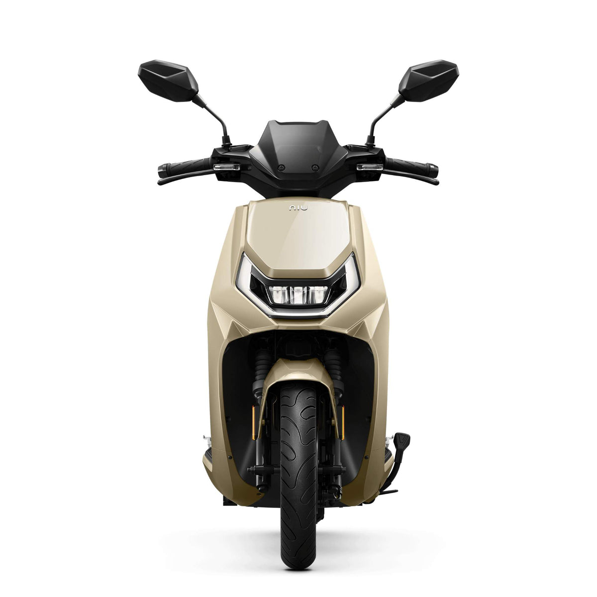 Vorderansicht des NIU Elektroroller E-Scooter Motorroller FQI 500 95 km/h (2025) in Gold, die sein kantiges Design, die beiden Rückspiegel, den schwarzen Lenker und den modernen Scheinwerfer hervorhebt – ein Beispiel für die innovative Elektromobilität von NIU.