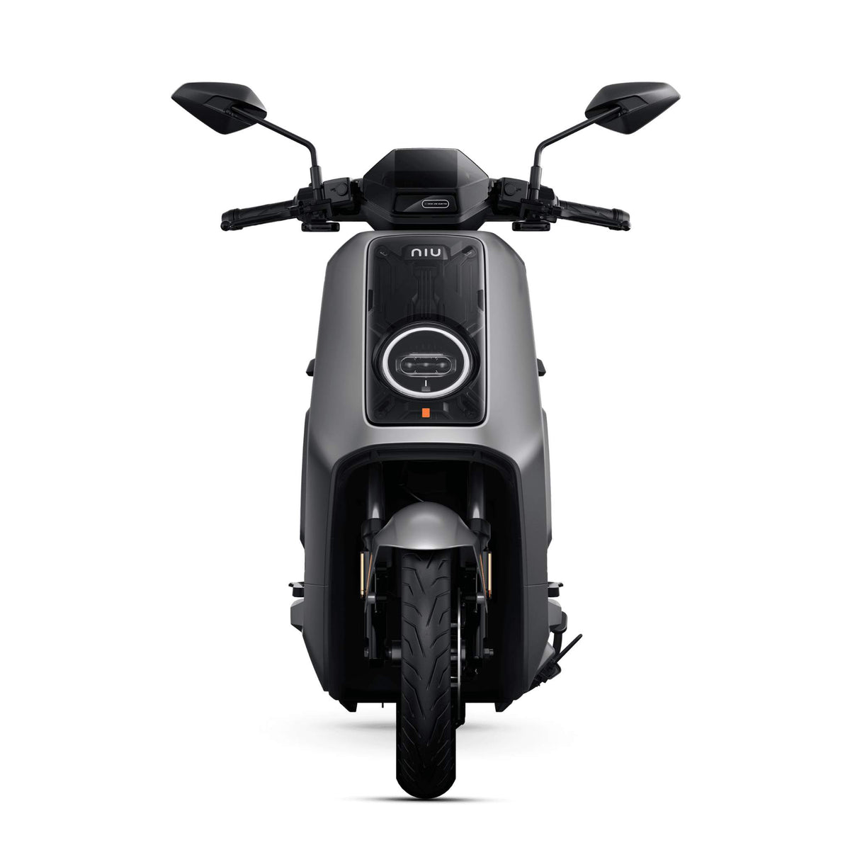 Vorderansicht des NIU NQiX 500 Elektroroller E-Scooter Motorroller Modell 2025 von NIU in Mattschwarz, mit rundem Scheinwerfer, digitalem Display, zwei Seitenspiegeln und einem schlanken, minimalistischen Design. Der Roller ist vor einem weißen Hintergrund abgebildet.