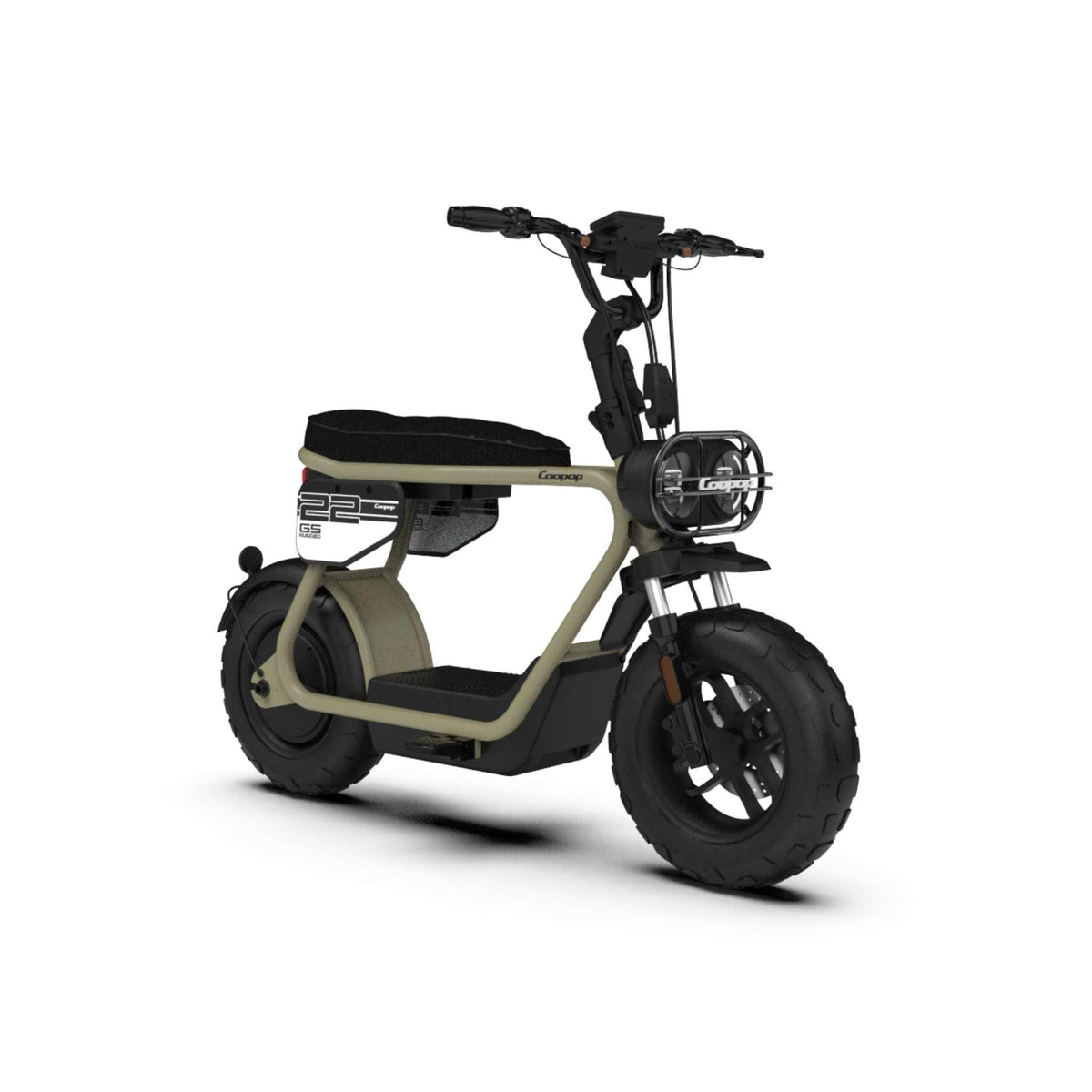 Der Coopop Rugged GS E-Scooter mit einer Höchstgeschwindigkeit von 45 km/h verfügt über breite Reifen, einen robusten Rahmen, einen breiten Sitz, ein digitales Display am Lenker, einen Frontscheinwerfer mit Schutzgitter und eine Reichweite von bis zu 60 km – abgebildet vor weißem Hintergrund.