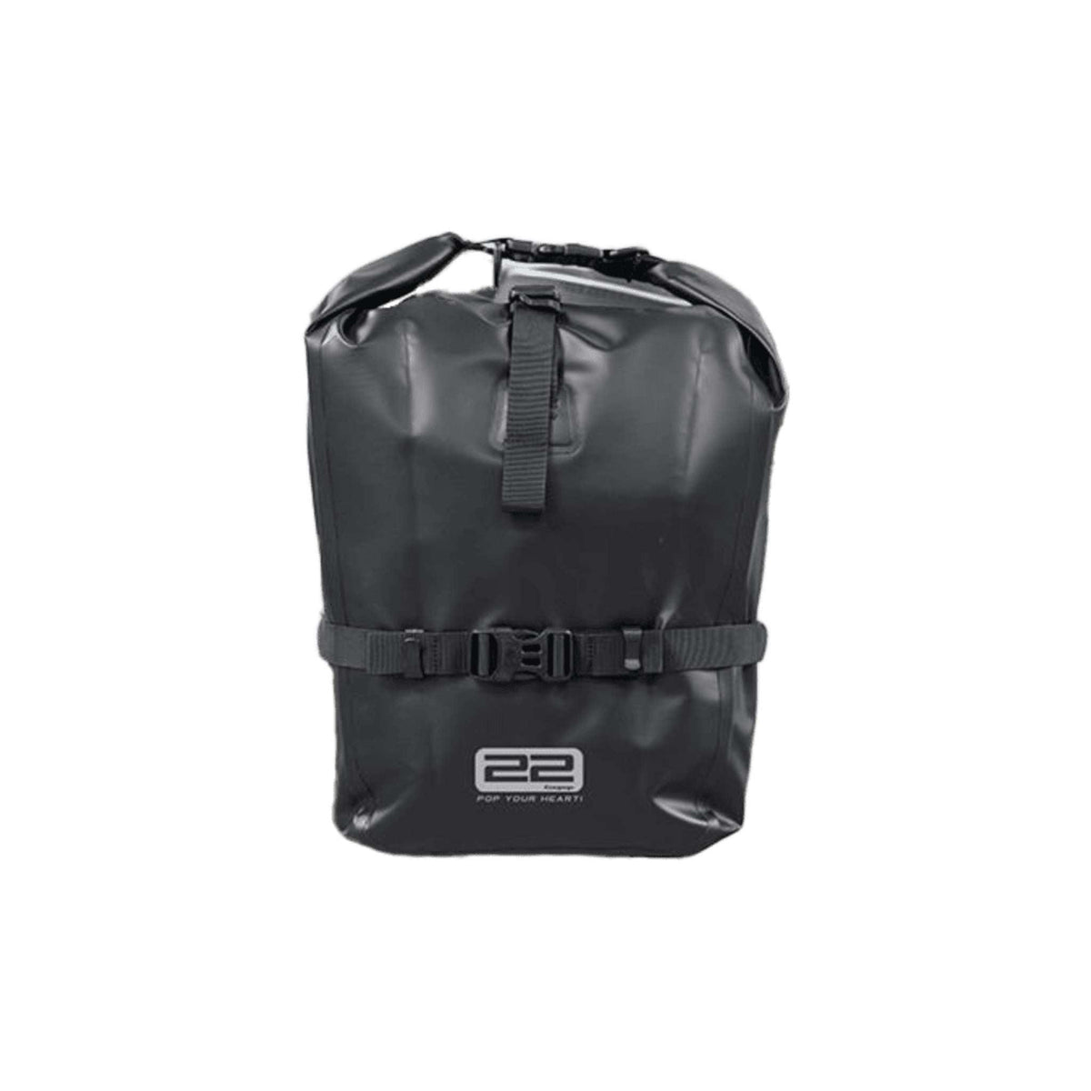 Die Coopop Seitentasche für Coopop Rugged GS ist ein schwarzer, wasserdichter Rolltop-Rucksack mit Schnallenriemen auf der Vorderseite und dem 22-Logo, ideal für E-Scooter-Ausflüge und Outdoor- oder Wasseraktivitäten.