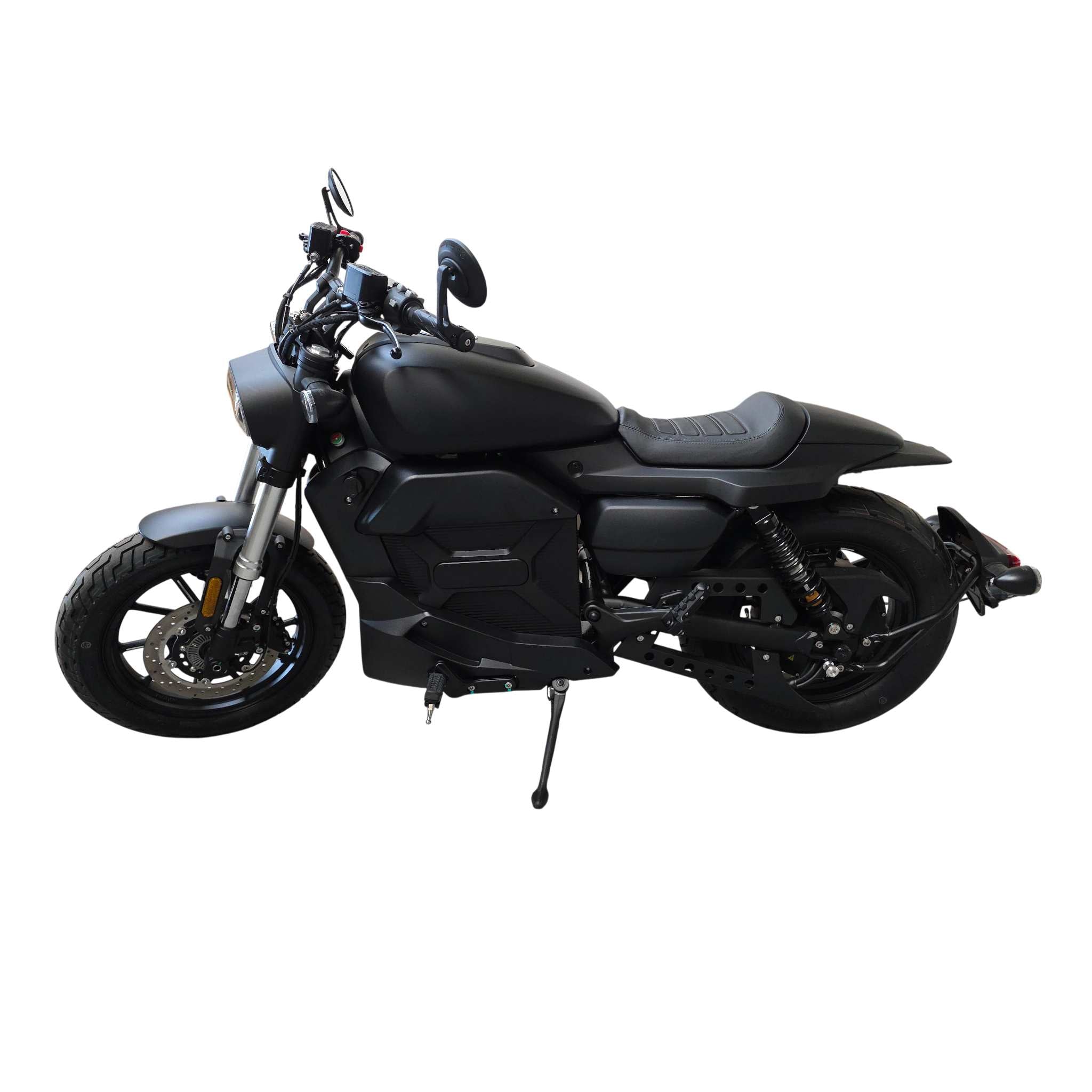 Die Black-X Limited Edition von E.F.O. ist ein mattschwarzes Elektromotorrad für echte Individualisten mit modernem Design, Einzelsitz, Rundscheinwerfer und Digitalanzeige auf weißem Grund.