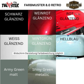 Eine Farbkarte für den City Twister Elektroroller: CityTwister 8.0 RETRO 45 km/h - Das Original! zeigt acht Farbvarianten: Schwarz glänzend, Weinrot, Rot, Weiß, Mintgrün, Hellblau, Armeegrün matt und Grün metallic glänzend. Der Text ist auf Deutsch.