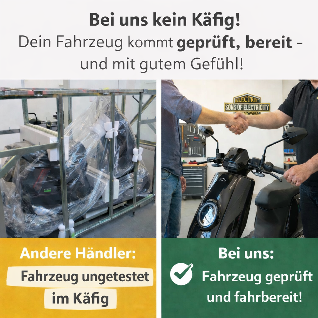 Vergleichsbild: Links ist ein Elektromotorrad mit Käfig zu sehen, "Andere Händler: Fahrzeug ungetestet im Käfig." Rechts zeigt einen Handschlag eines SONS OF ELECTRICITY Black-X Edition - CityTwister Shadow, "Bei uns: geprüft & fahrbereit mit 45A Schnellladegerät!.