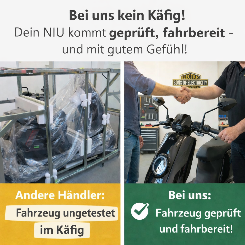 Geteiltes Bild: Links ein NIU Elektroroller Motorroller NQI GTS (2024 Upgrade) 80 km/h in einem Käfig, eingepackt in Plastik; rechts zwei Personen geben sich bei einem Händler mit einem fahrbereiten NIU-Roller die Hand. Text kontrastiert Käfig vs. getestete, vorbereitete Elektromobilität.