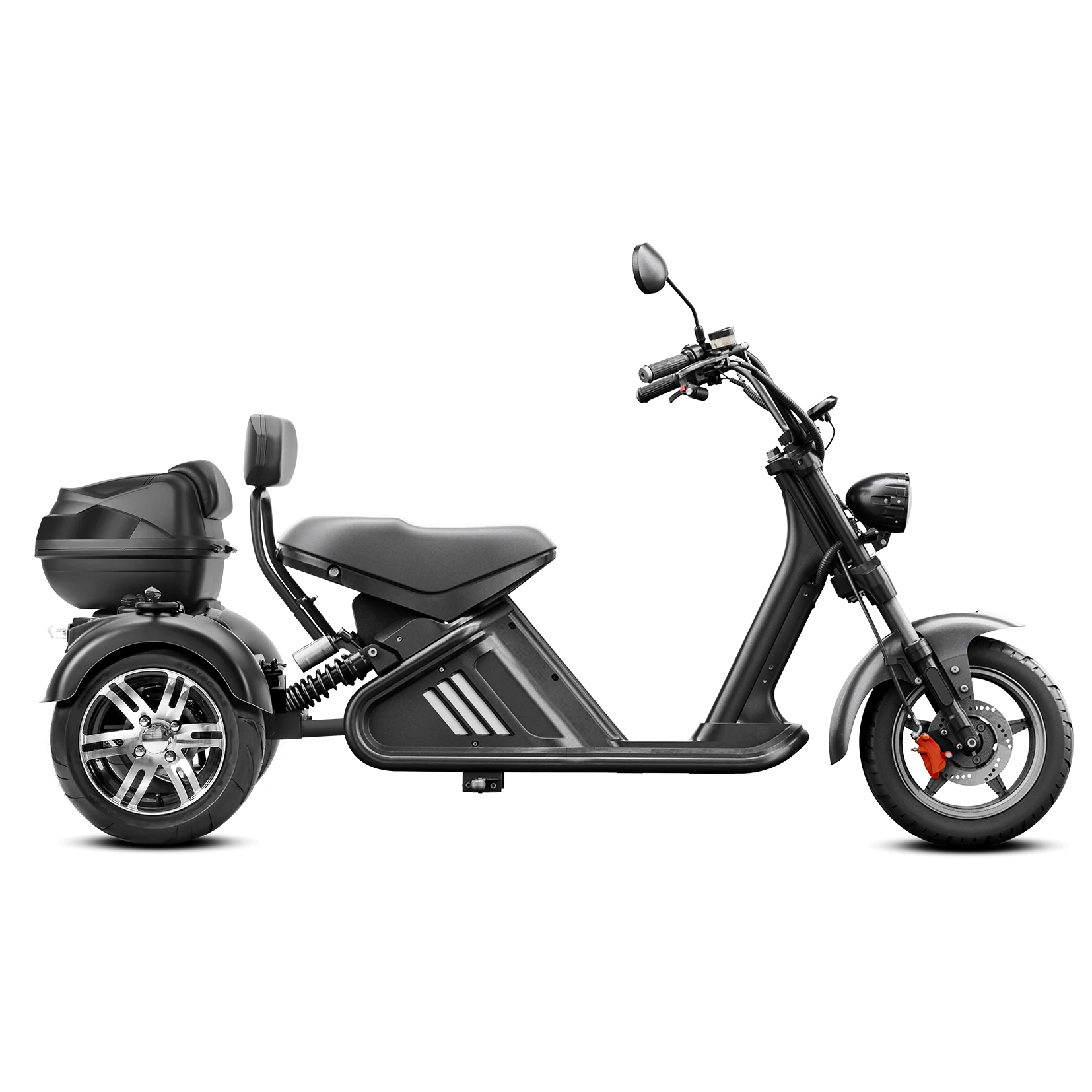 Ein schwarzes „Mangosteen M2-3 Wheel Trike E-Chopper-Trike“ von Mangosteen, ausgestattet mit großen Reifen, Spiegeln, einem Scheinwerfer und einem Staufach am Heck, wird im Profil vor einem schlichten weißen Hintergrund gezeigt. Dieses Elektro-Trike mit einem 40-Ah-Akku und einer Höchstgeschwindigkeit von bis zu 45 km/h vereint Stil und Komfort für bequemes Pendeln in der Stadt.
