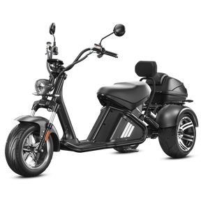 Ein stilvolles, schwarzes „Mangosteen M2-3 Wheel Trike E-Chopper-Trike“ von Mangosteen mit einem 40-Ah-Akku, großen Reifen, einem bequemen Sitz und einem Staufach am Heck, das Geschwindigkeiten von bis zu 45 km/h erreicht, ist von vorne vor einem schlichten weißen Hintergrund abgebildet.