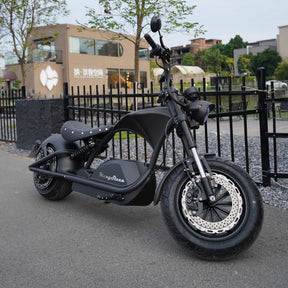 Ein mattschwarzes Mangosteen E-Chopper-Elektromotorrad, Modell M1PS, mit einem 4000-Watt-Motor und einer 40-Ah-Lithiumbatterie von Samsung steht auf einer Straße in der Nähe eines schwarzen Zauns, vor dem Hintergrund eines modernen Gebäudes und von Bäumen.