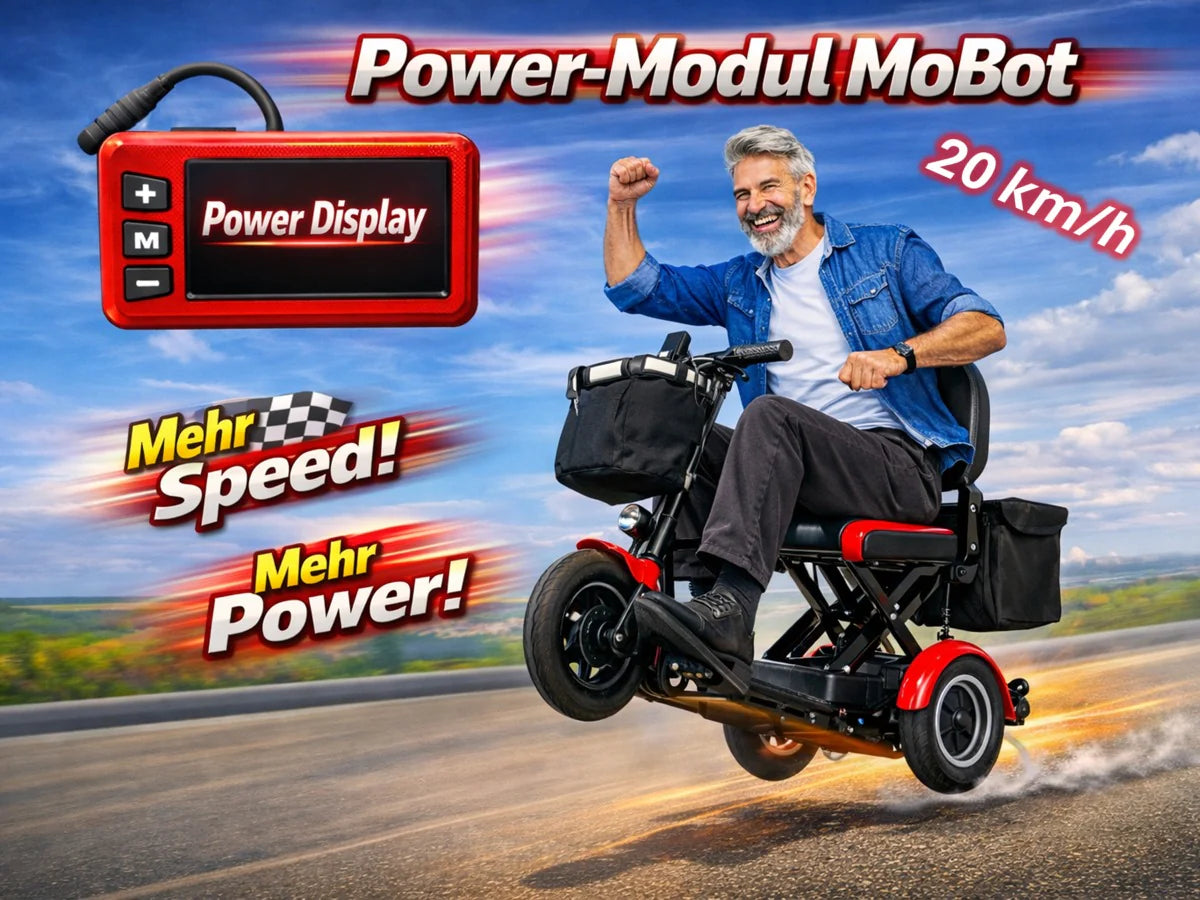 Ein lächelnder Mann fährt ein Display MoBot 20 Km/h von SONS OF ELECTRICITY auf einem Rad, die Faust erhoben. Text-Highlights "Power-Modul", "20 km/h Höchstgeschwindigkeit erhöhen", "Mehr Power!" mit rotem Mobot Display (ohne Straßenzulassung).