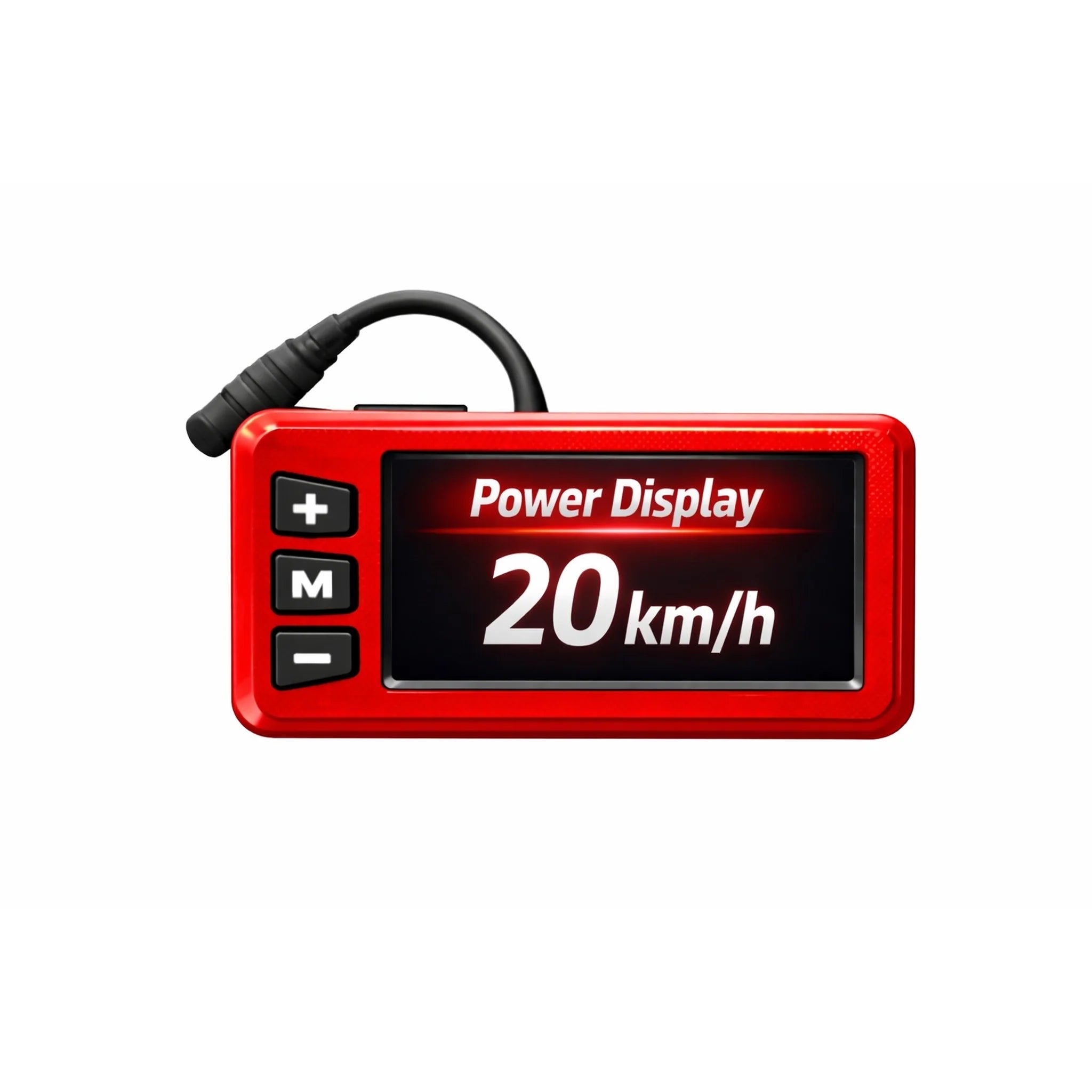 Ein rotes SONS OF ELECTRICITY Display MoBot 20 Km/h (ohne Straßenzulassung) zeigt Power Display und 20 km/h in weiß an, hat drei schwarze Knöpfe (+, M, -) auf der linken Seite, um die Motorleistung zu steuern, und ein schwarzes Kabel an der Oberseite.