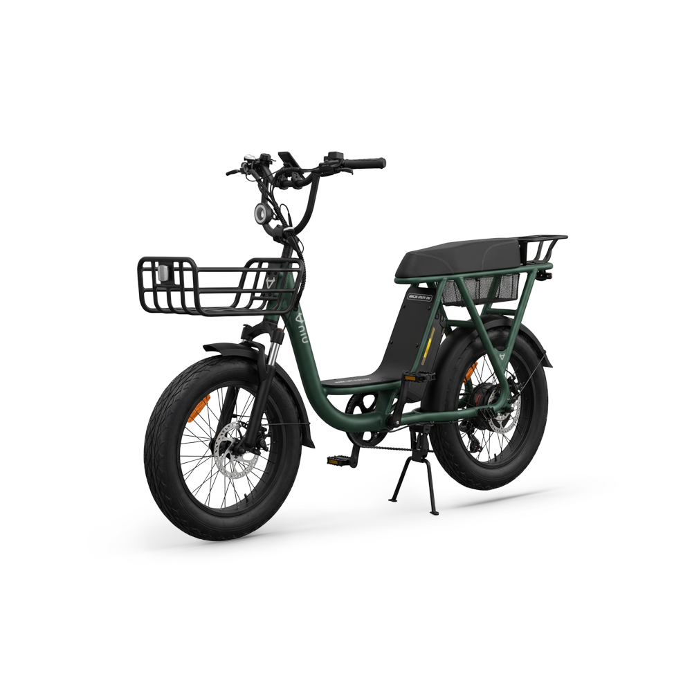Ein grünes NIU BQi Utility 200 E-Lastenrad mit breiten Reifen, einem Frontkorb, einem Gepäckträger und einem schwarzen Sattel ist vor weißem Hintergrund mit ausgeklapptem Ständer abgebildet. Dieses stilvolle NIU-Fahrrad bietet Tretunterstützung und verfügt über einen herausnehmbaren Akku für zusätzlichen Komfort, der eine Reichweite von bis zu 95 km ermöglicht.