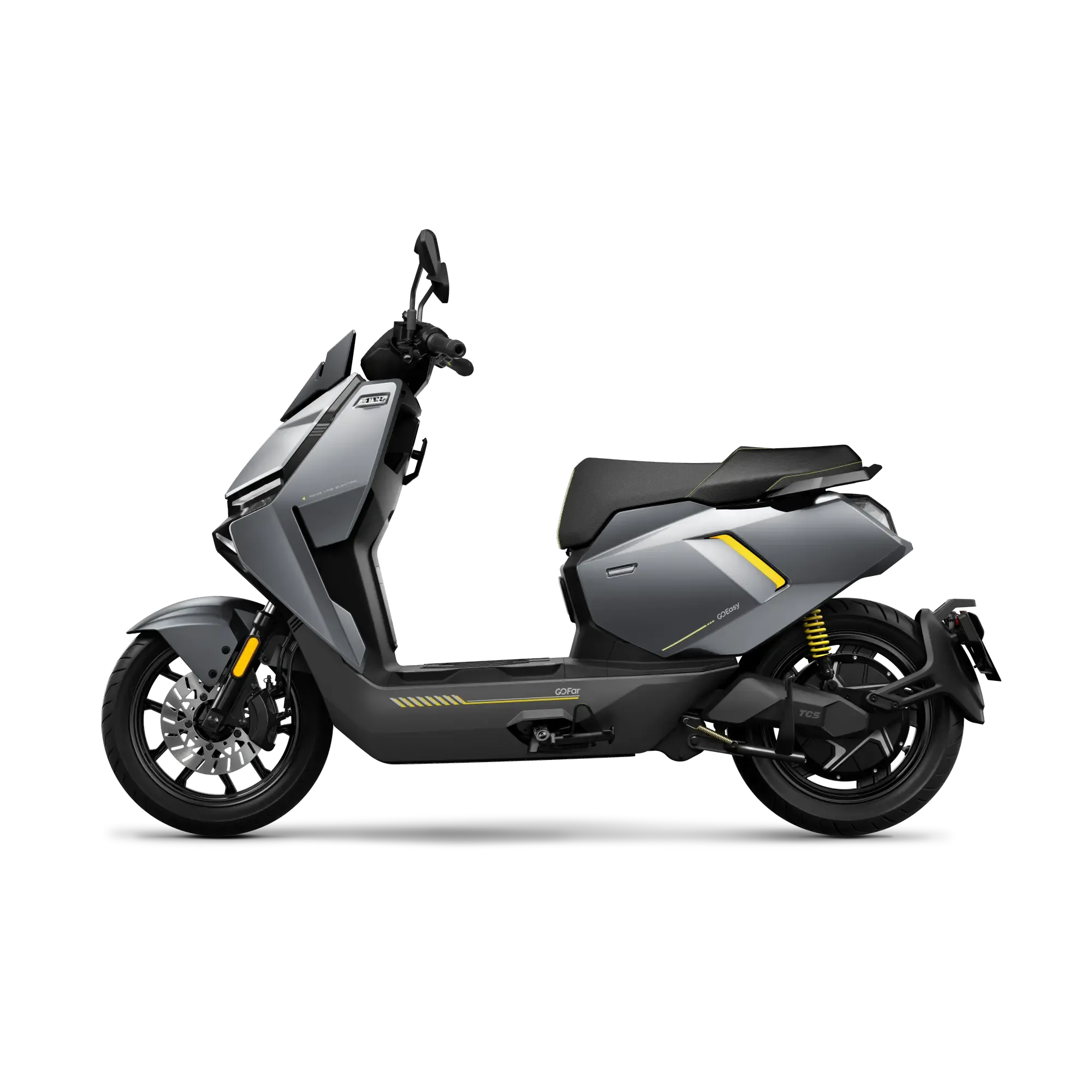 Der NIU FQiX 150 - Elektroroller Urban Armor für den modernen Fahrer von NIU in mattem Grau mit schwarzen und gelben Akzenten ist im Profil auf weißem Hintergrund abgebildet und zeichnet sich durch ein schlankes, minimalistisches Design mit kompaktem Rahmen und kantigen Linien aus.